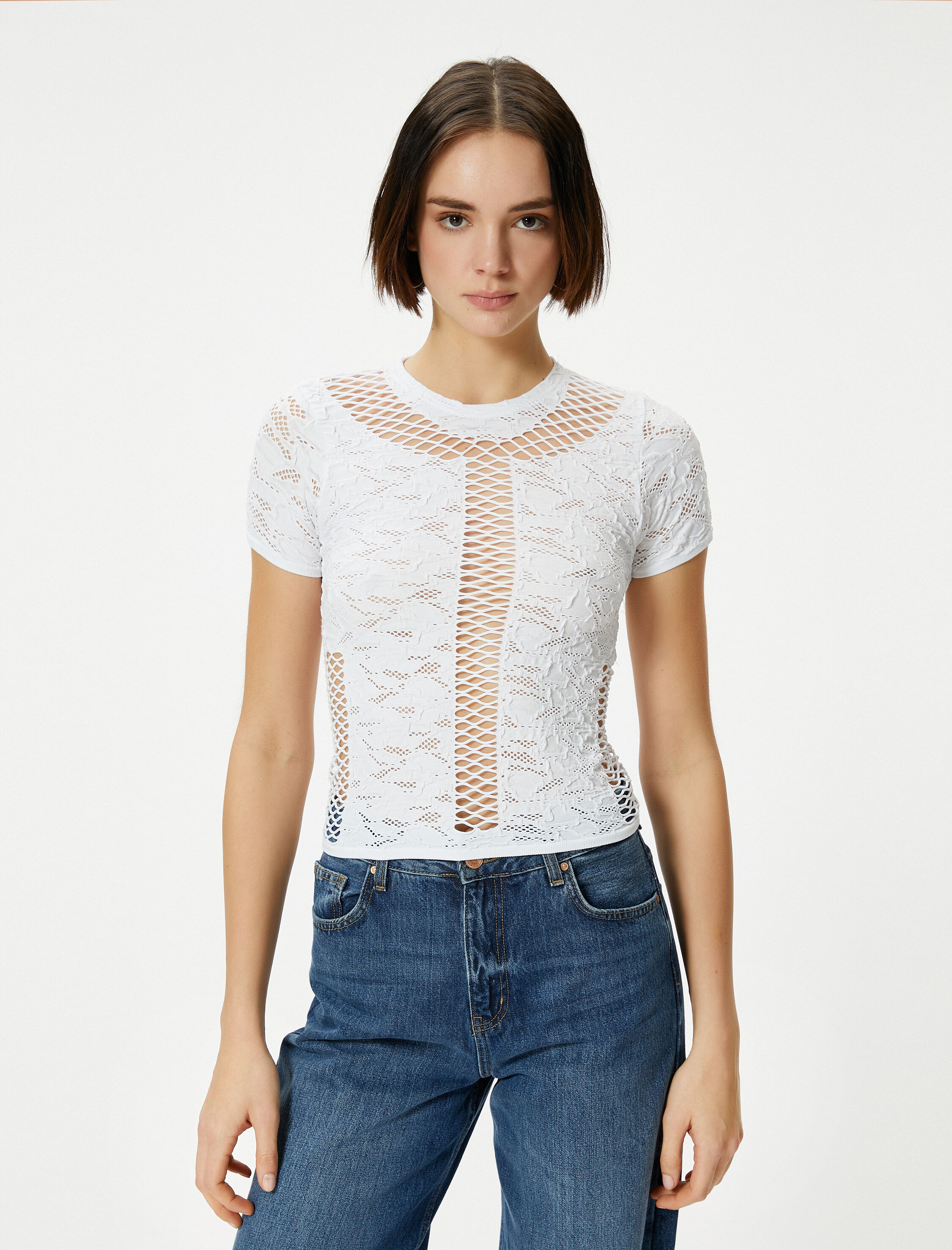   File Detaylı Crop Tişört Dokulu Kısa Kollu Bisiklet Yaka