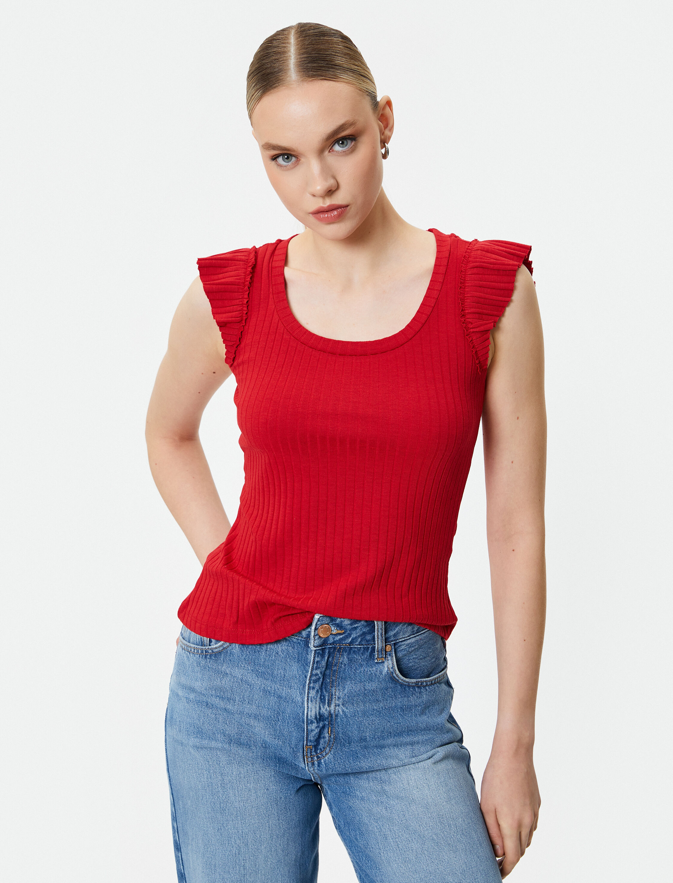   Fitilli Atlet U Yaka Kolları Fırfırlı Viskon Karışımlı