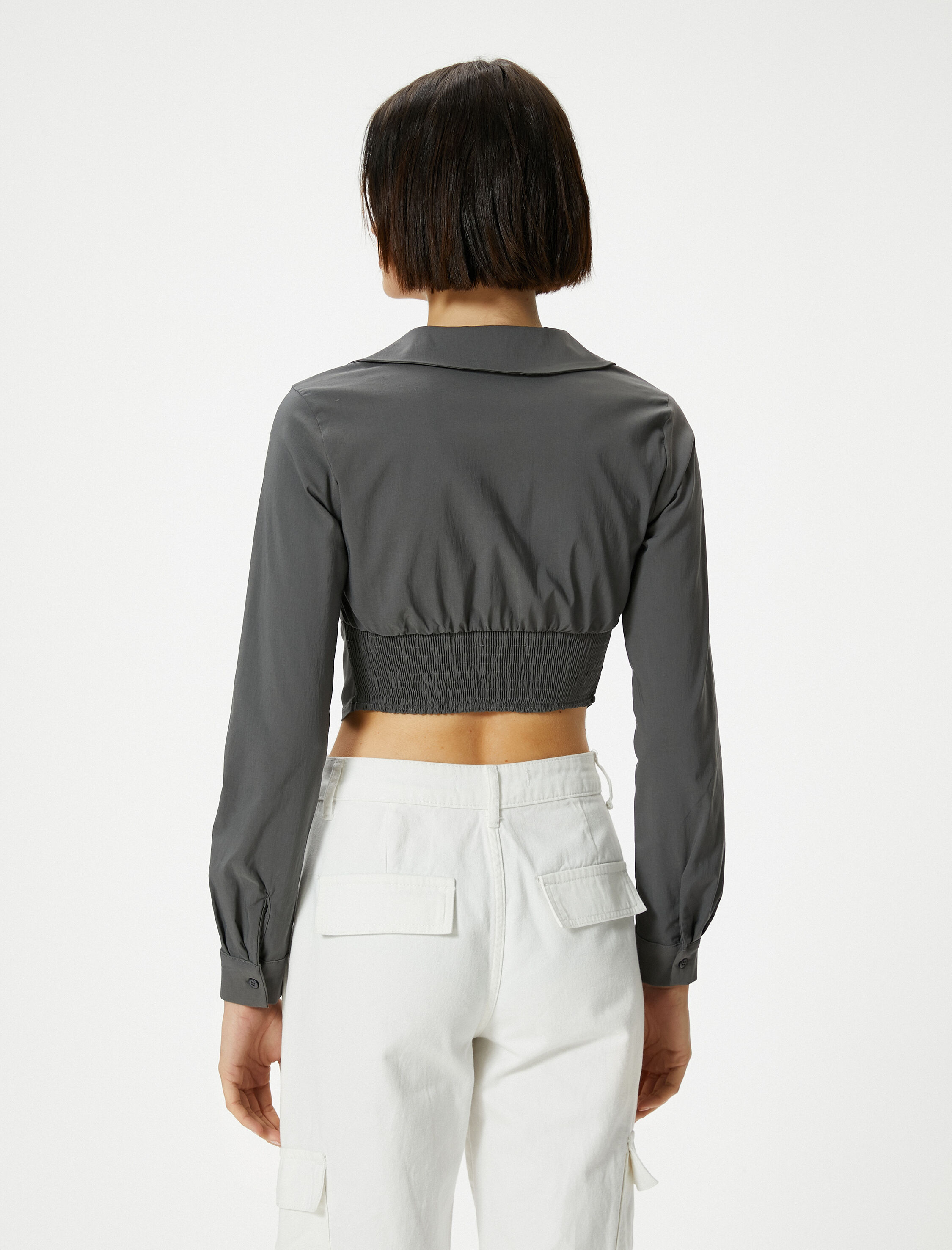   Gömlek Yaka Crop Bluz Slim Fit Uzun Kollu Korse Görünümlü