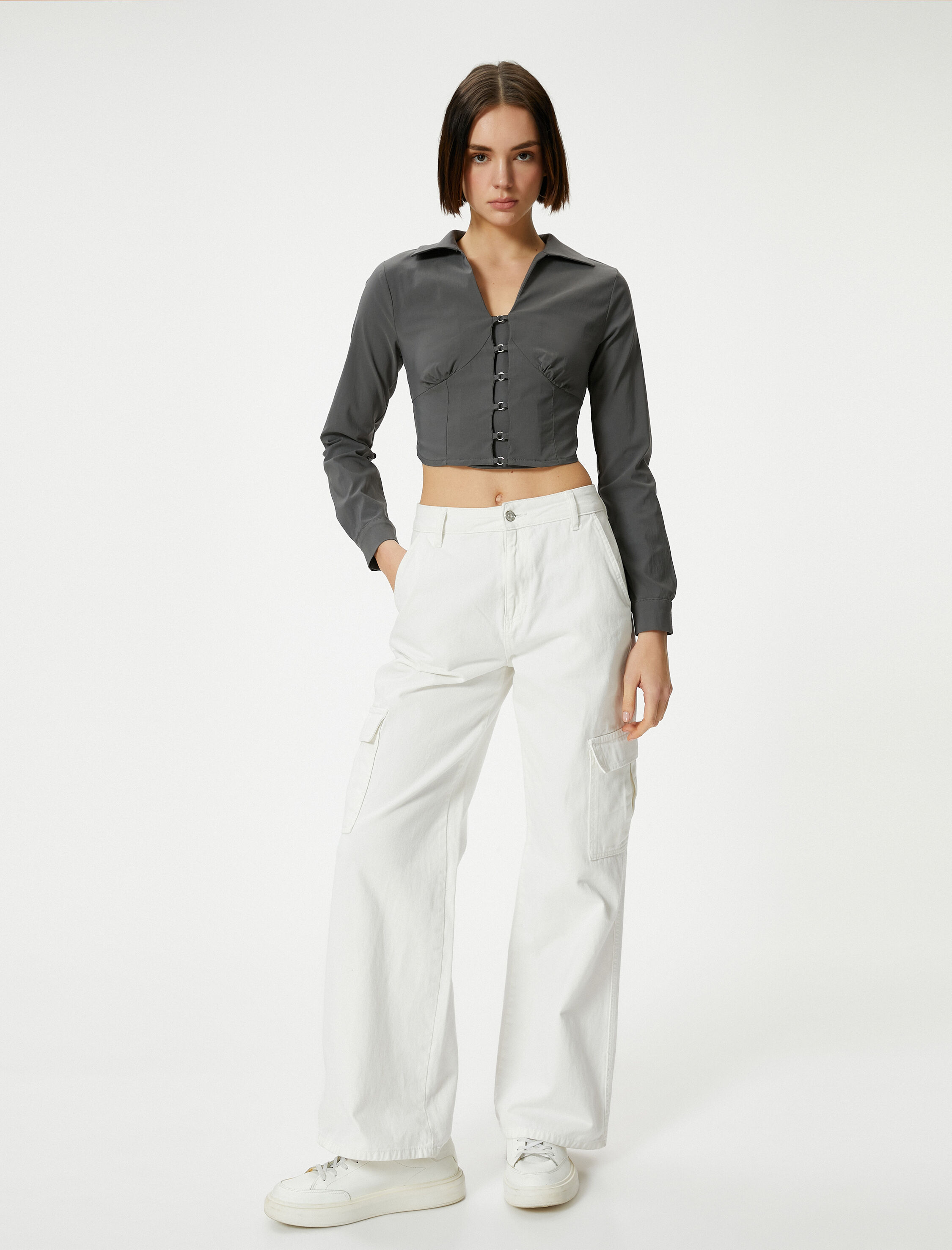   Gömlek Yaka Crop Bluz Slim Fit Uzun Kollu Korse Görünümlü