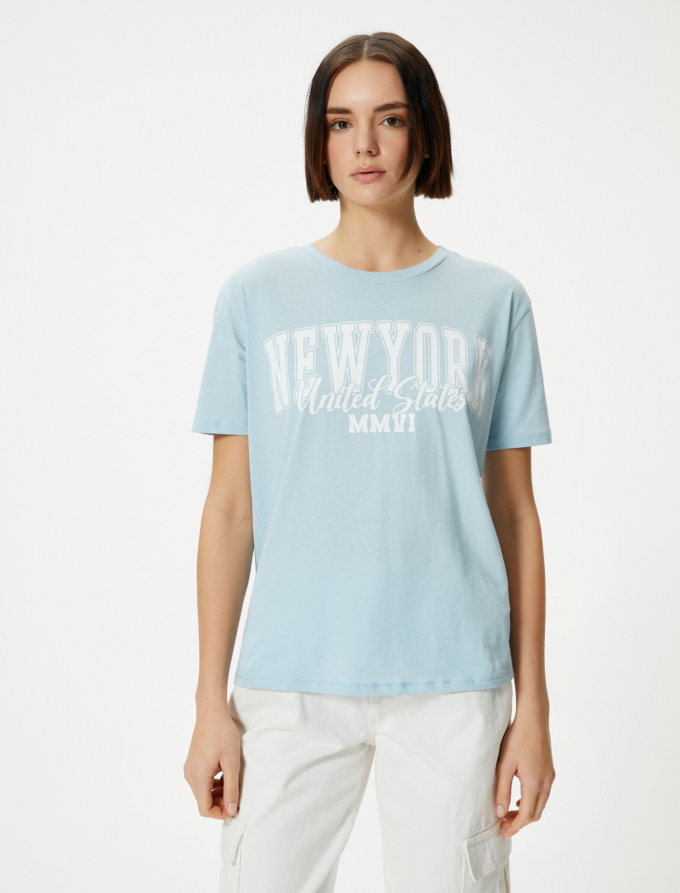   New York Tişört Kısa Kollu Bisiklet Yaka Pamuklu