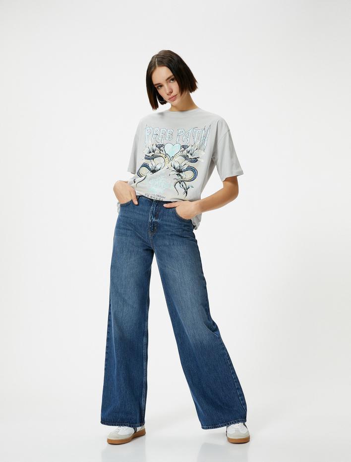  Baskılı Tişört Kısa Kollu Bisiklet Yaka Pamuklu