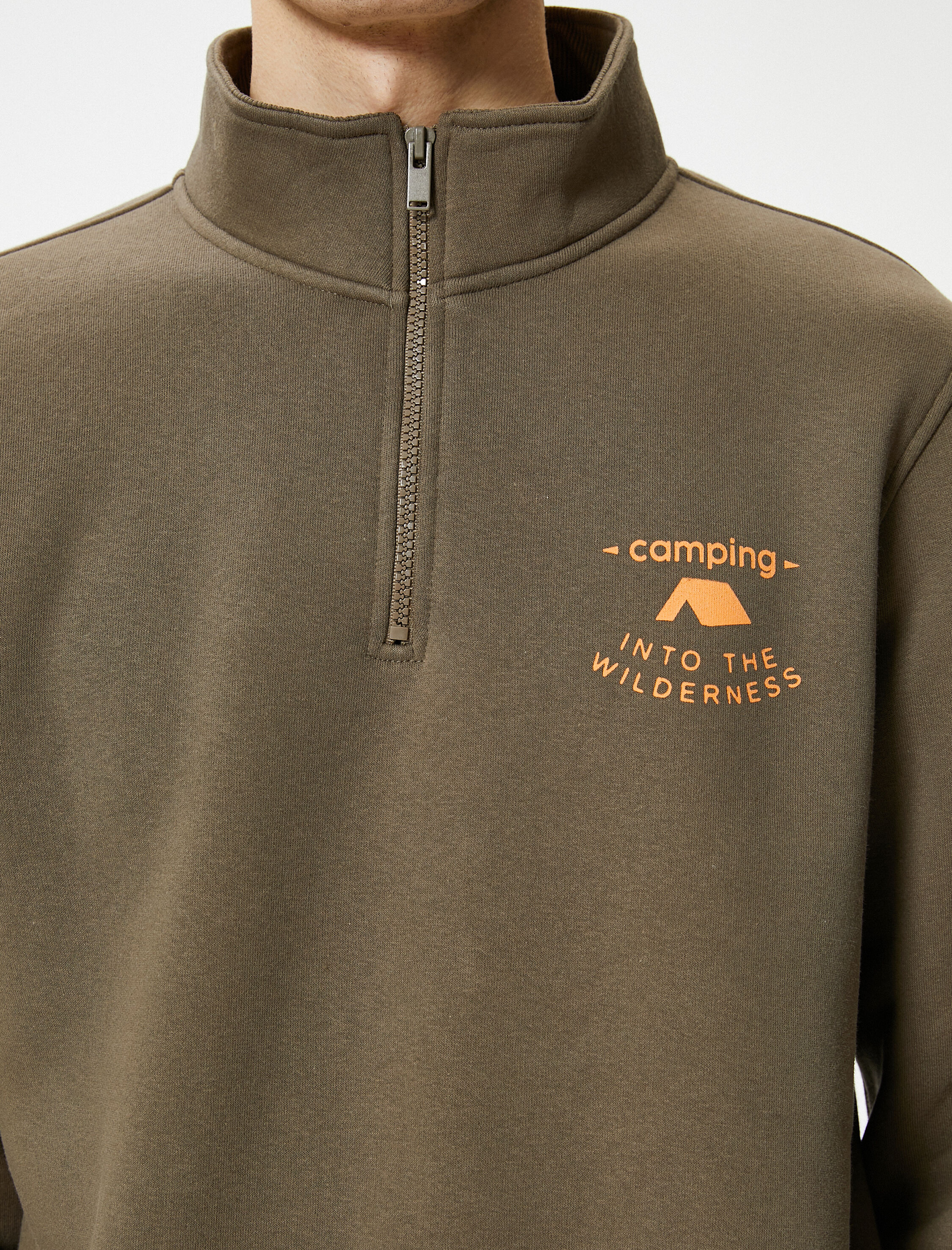   Yarım Fermuarlı Sweatshirt Dik Yaka Slogan Baskılı Şardonlu