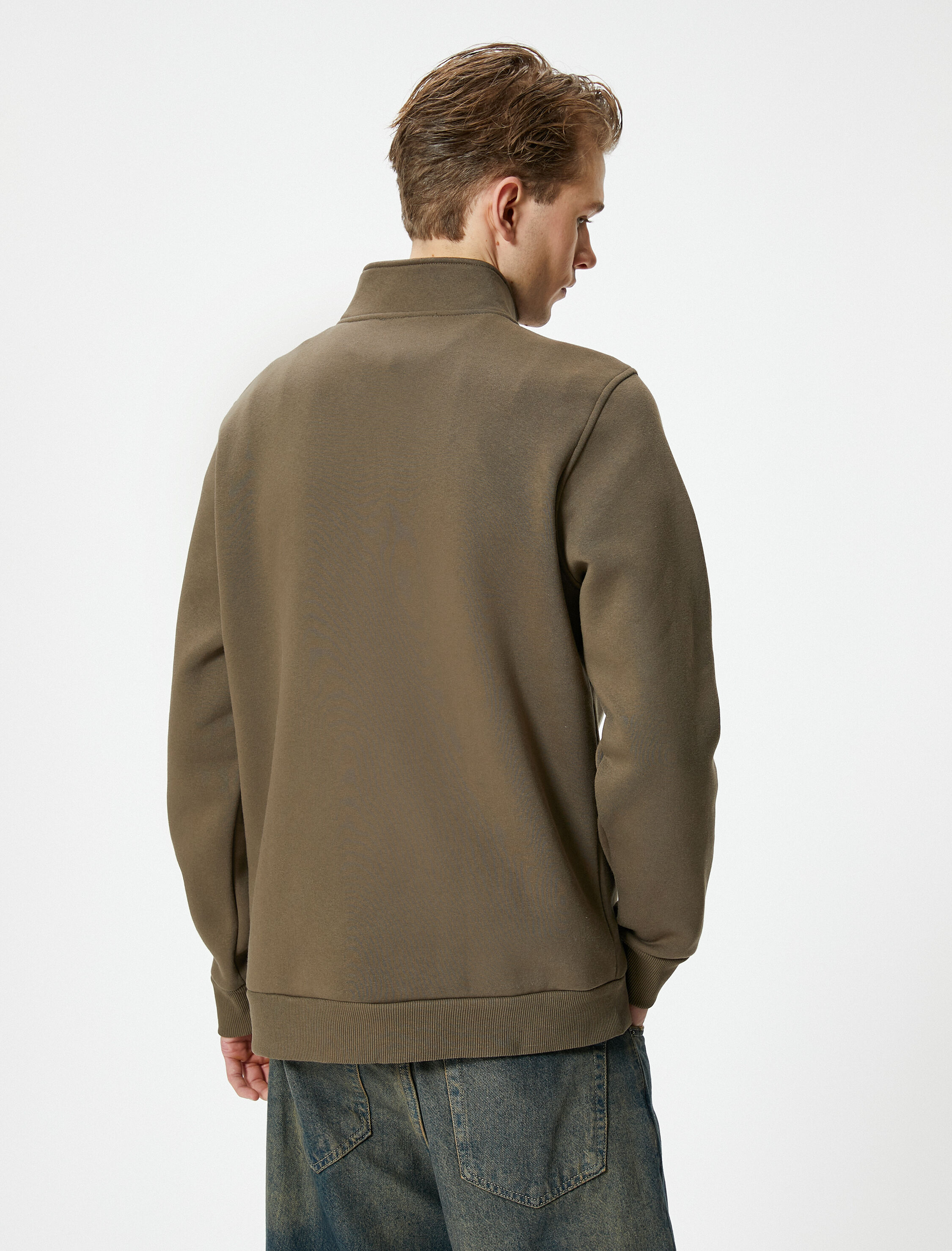   Yarım Fermuarlı Sweatshirt Dik Yaka Slogan Baskılı Şardonlu