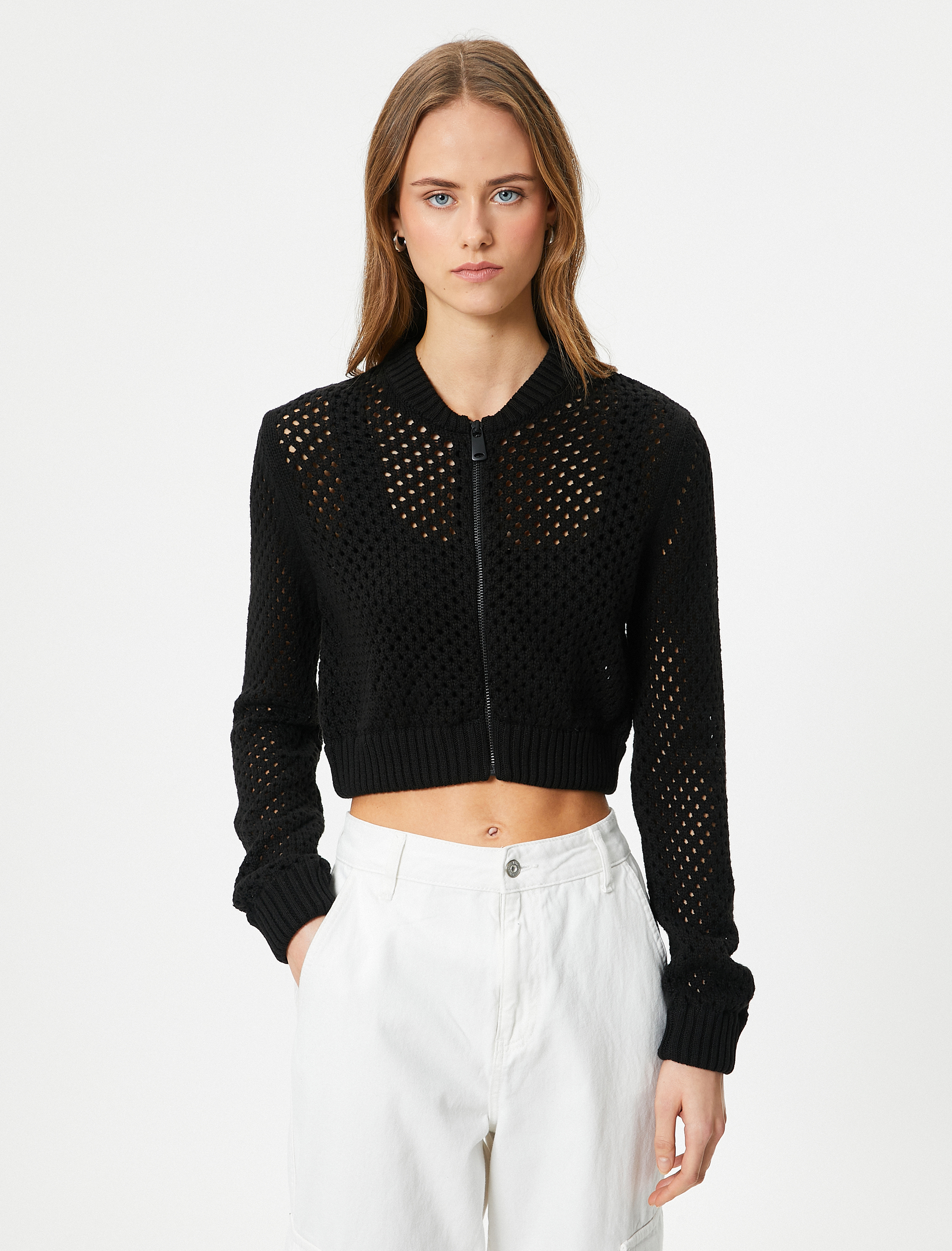   Crop Triko Hırka Ajurlu Fermuarlı Pamuk Karışımlı