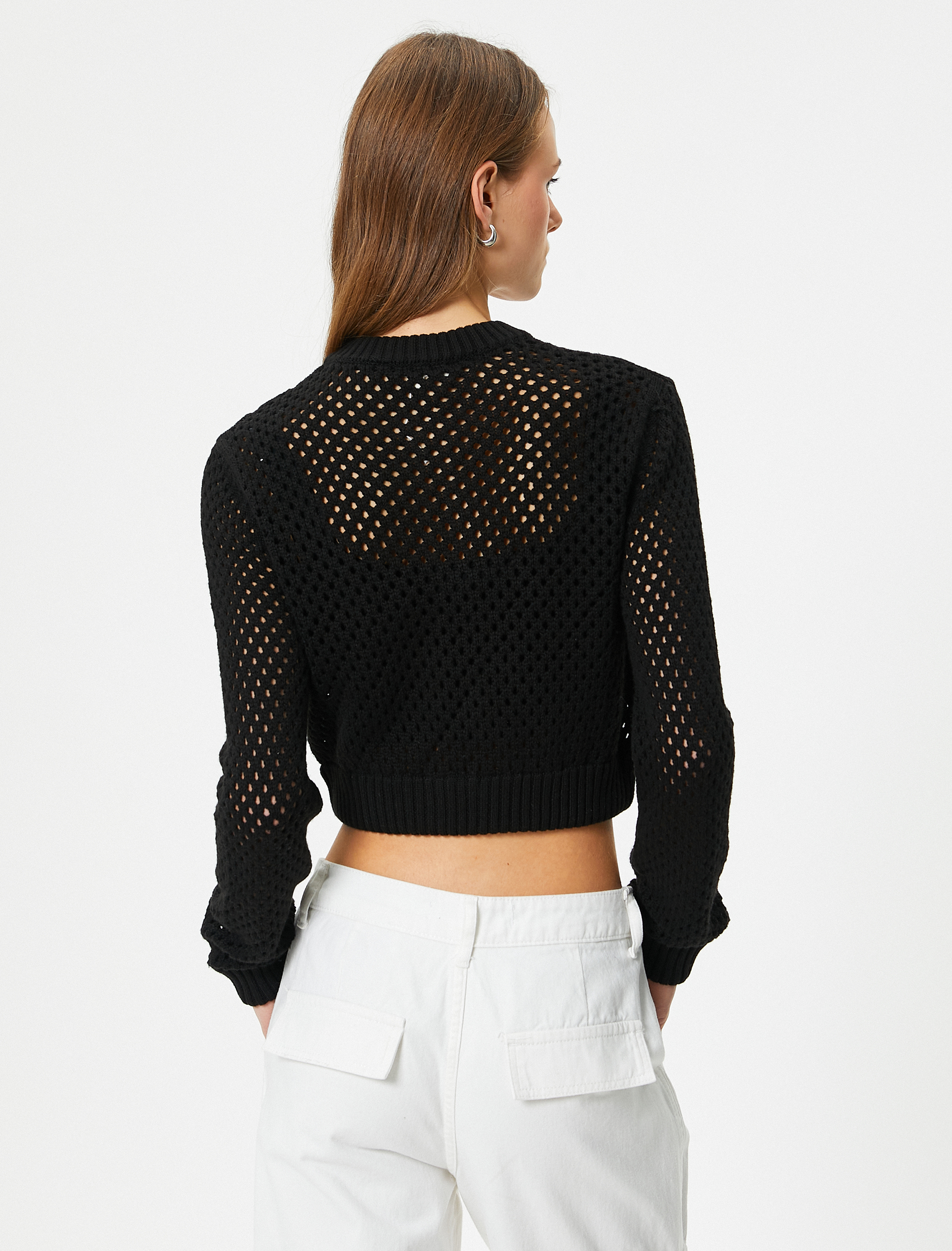   Crop Triko Hırka Ajurlu Fermuarlı Pamuk Karışımlı