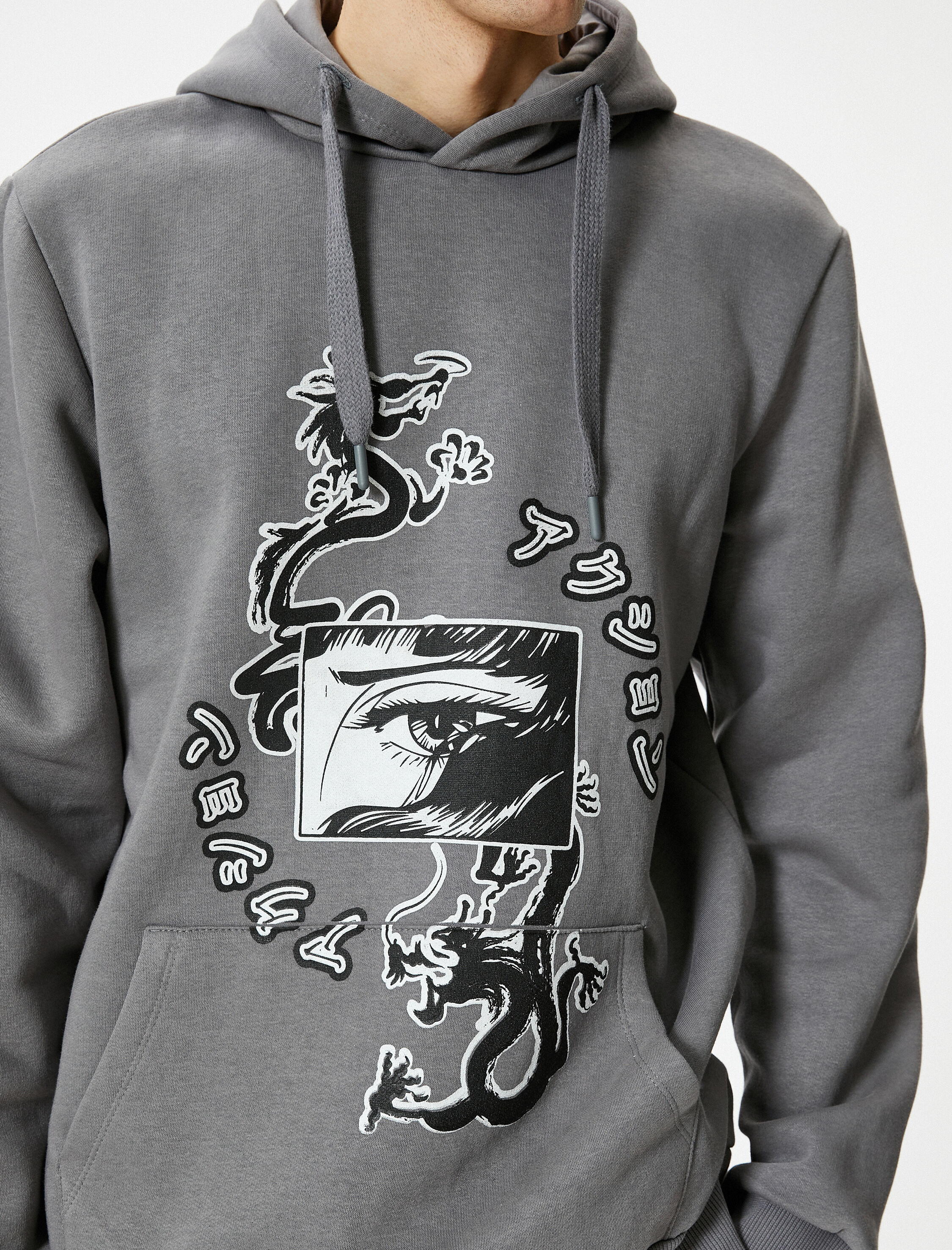   Arkası Baskılı Hoodie Uzakdoğu Temalı Kanguru Cep Detaylı Şardonlu