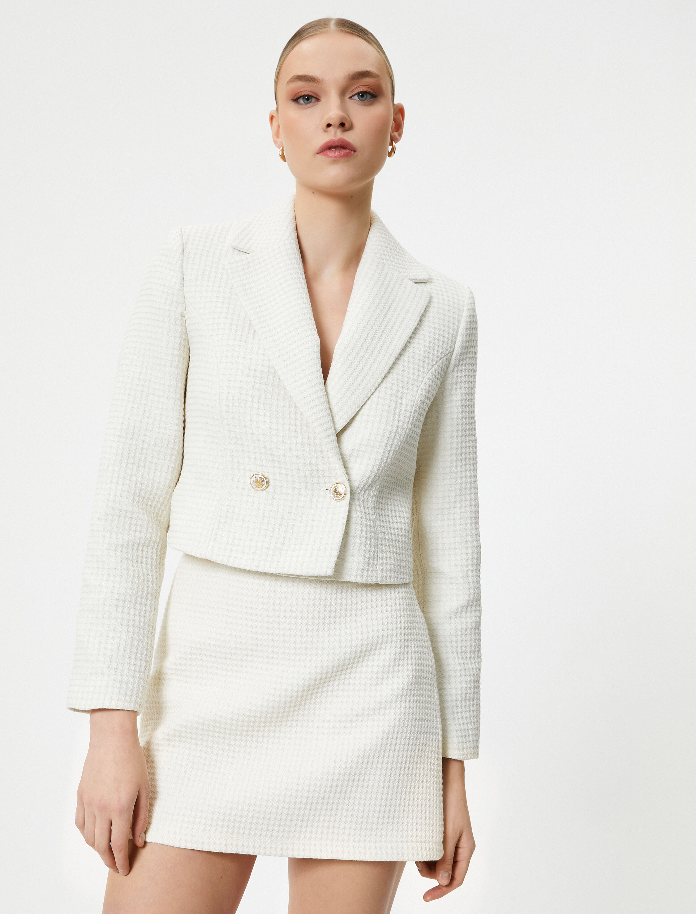   Crop Blazer Ceket Kruvaze Düğmeli Dokulu