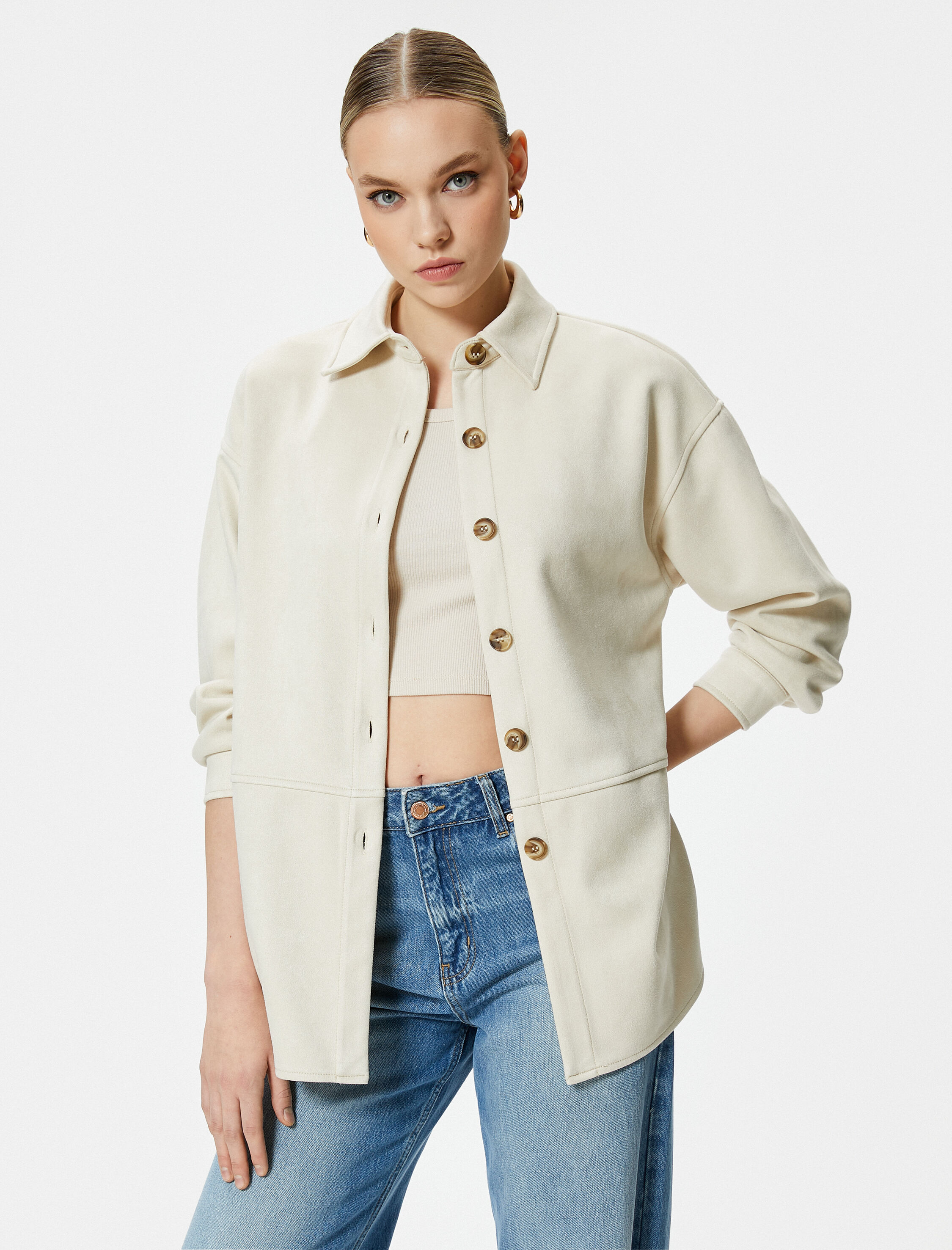   Süet Gömlek Ceket Düğmeli Klasik Yaka