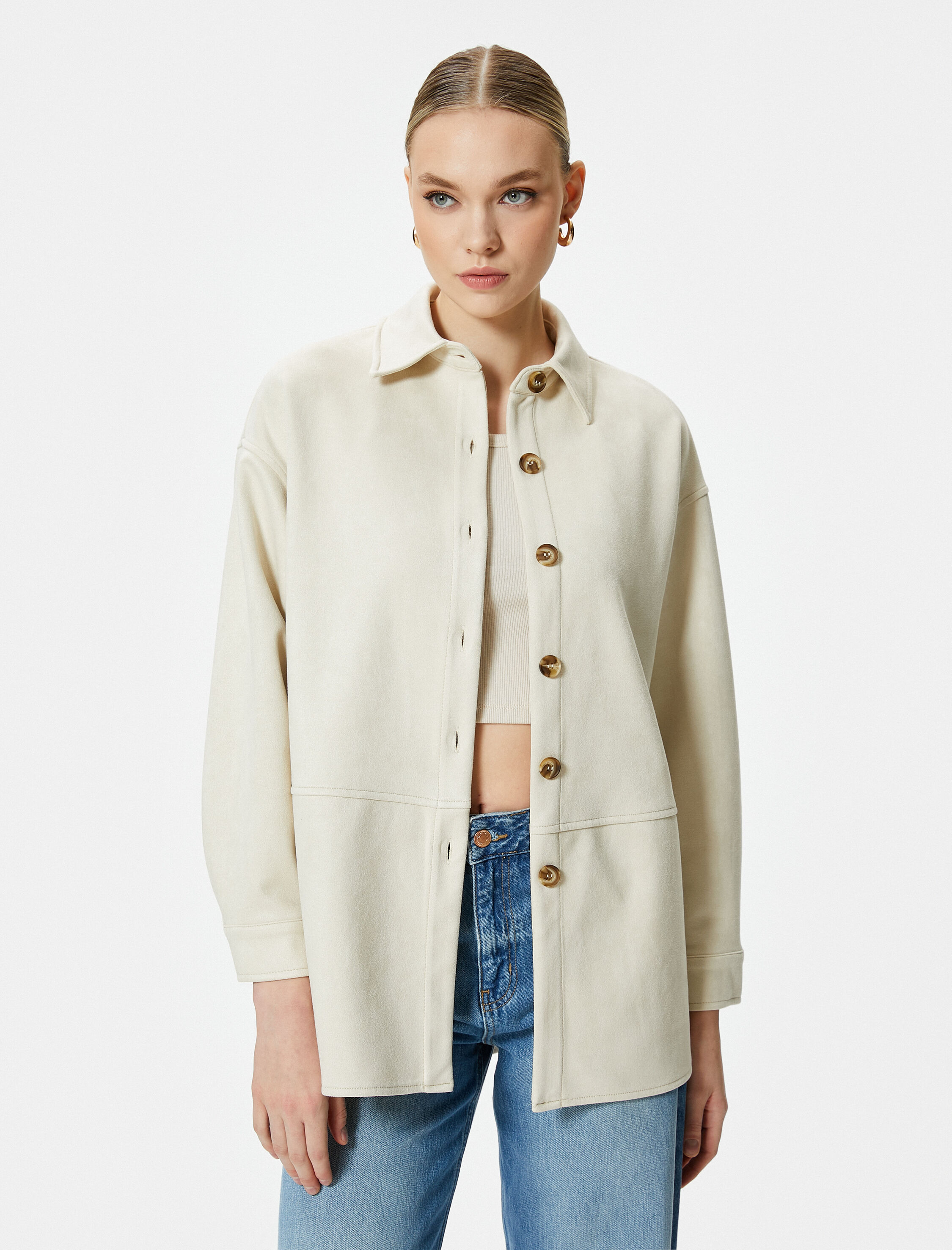   Süet Gömlek Ceket Düğmeli Klasik Yaka