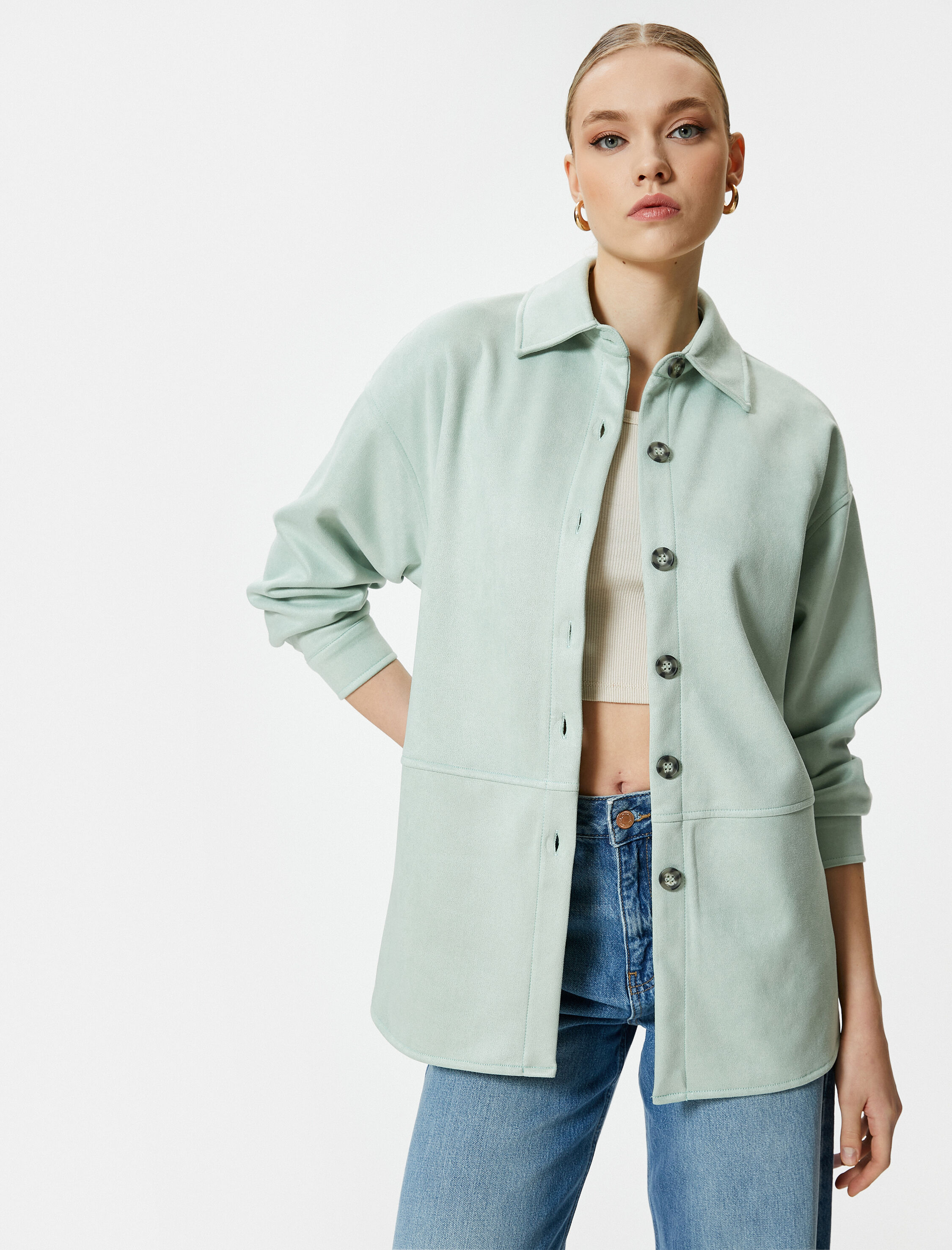   Süet Gömlek Ceket Düğmeli Klasik Yaka