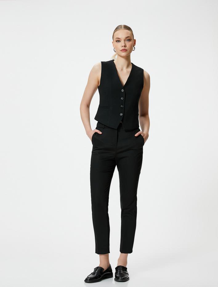  Cigarette Kumaş Pantolon Yüksek Bel Cepli