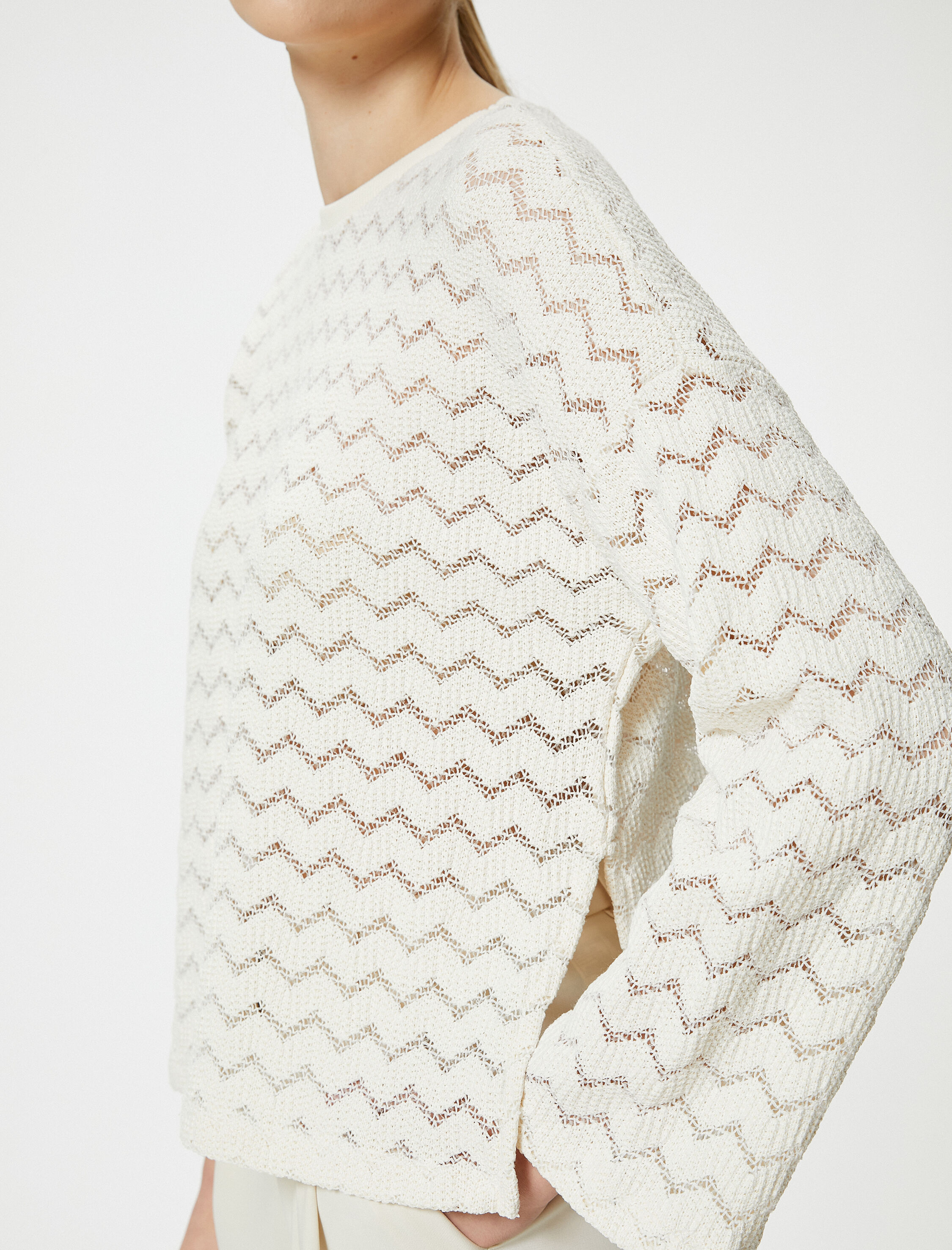   Ajurlu Crop Kazak Bisiklet Yaka Uzun Kollu Standart Kesim