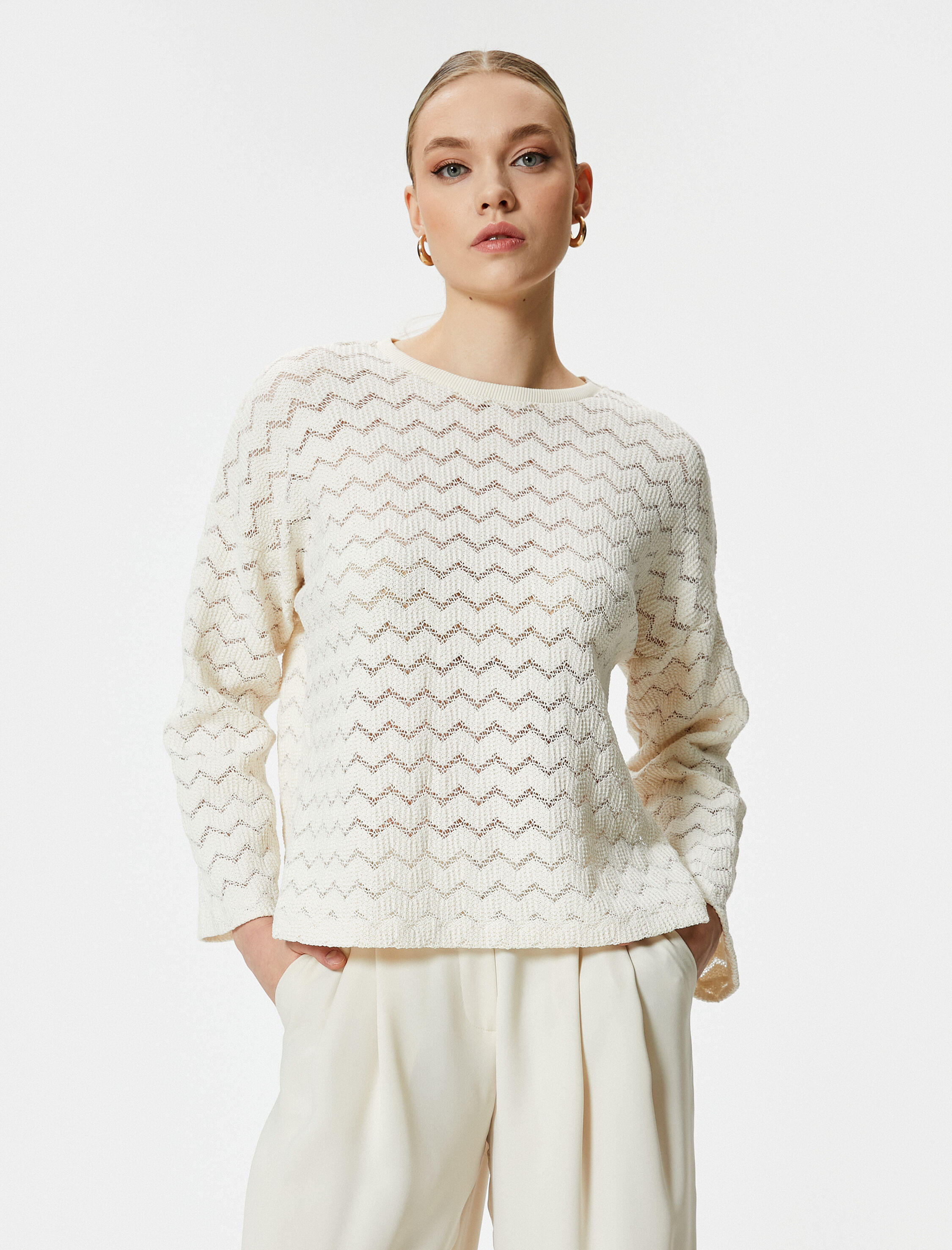   Ajurlu Crop Kazak Bisiklet Yaka Uzun Kollu Standart Kesim