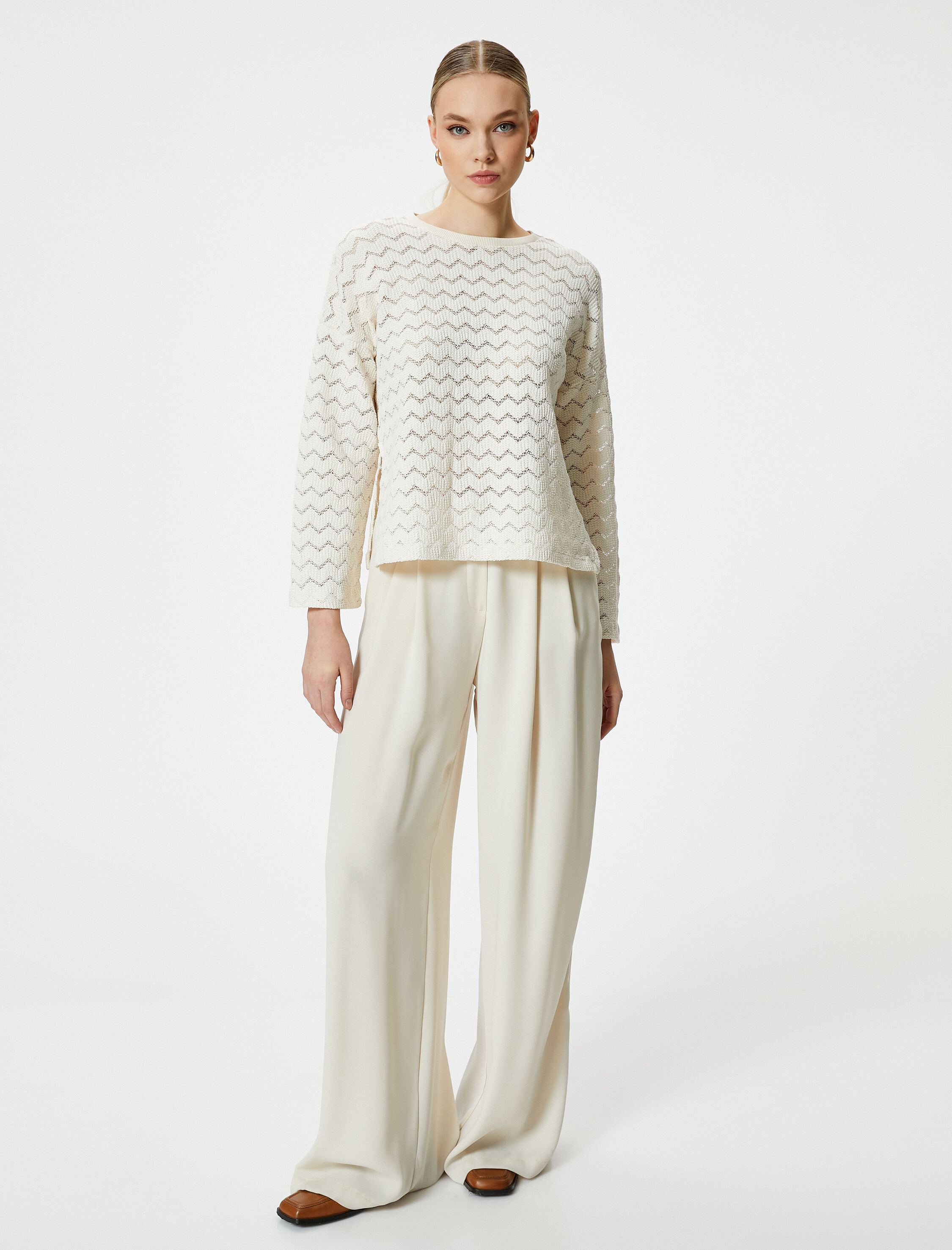   Ajurlu Crop Kazak Bisiklet Yaka Uzun Kollu Standart Kesim