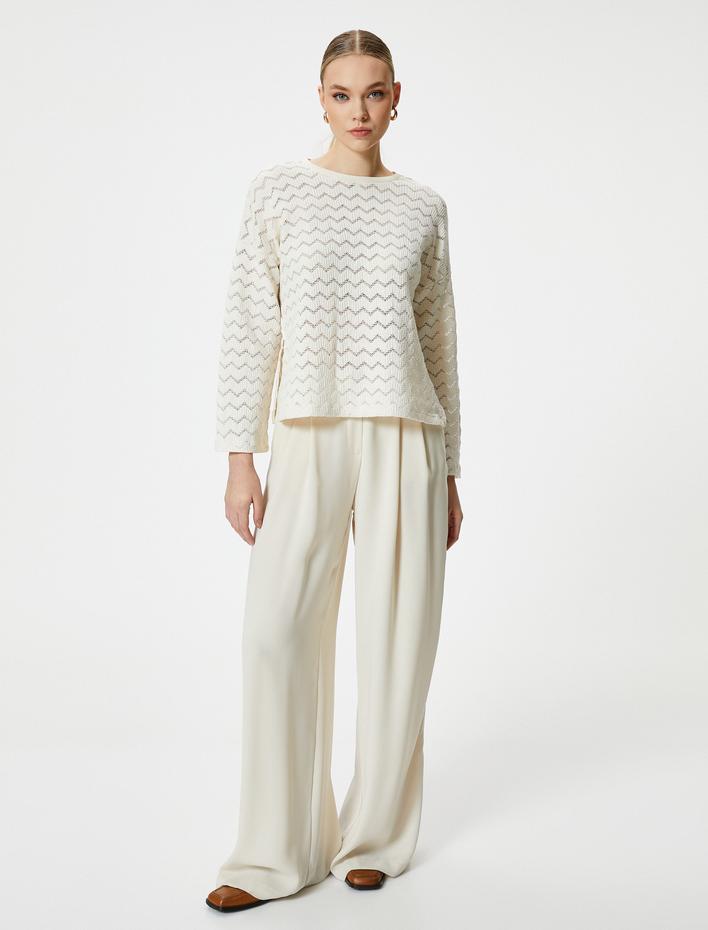  Ajurlu Crop Kazak Bisiklet Yaka Uzun Kollu Standart Kesim