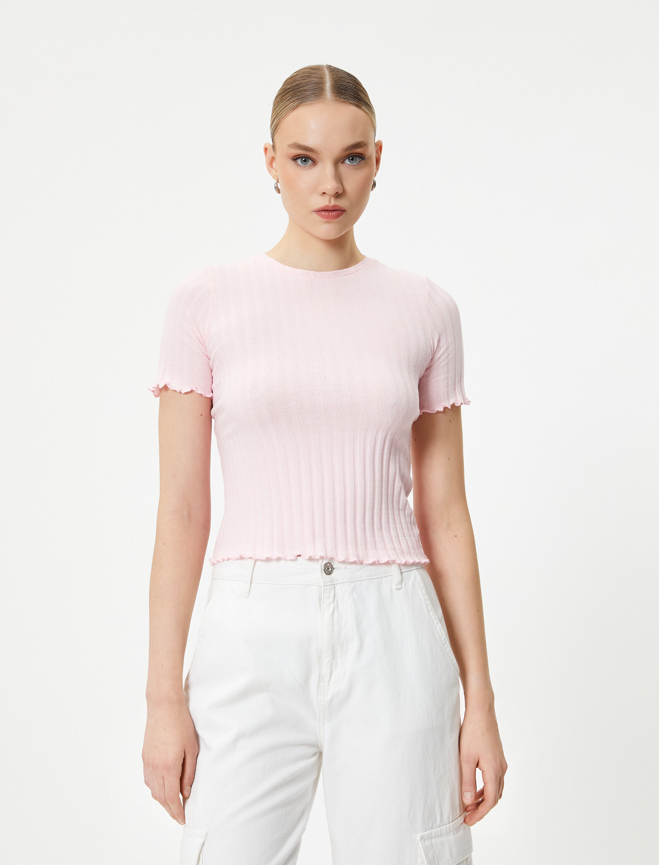   Crop Tişört Kısa Kollu Bisiklet Yaka Dokulu Pamuklu