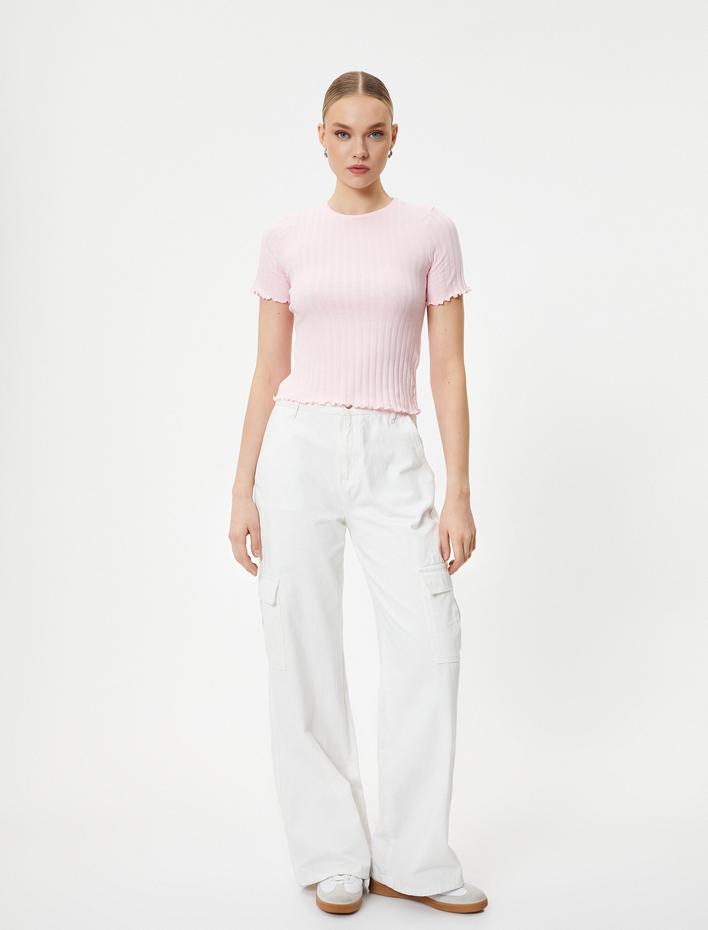  Crop Tişört Kısa Kollu Bisiklet Yaka Dokulu Pamuklu