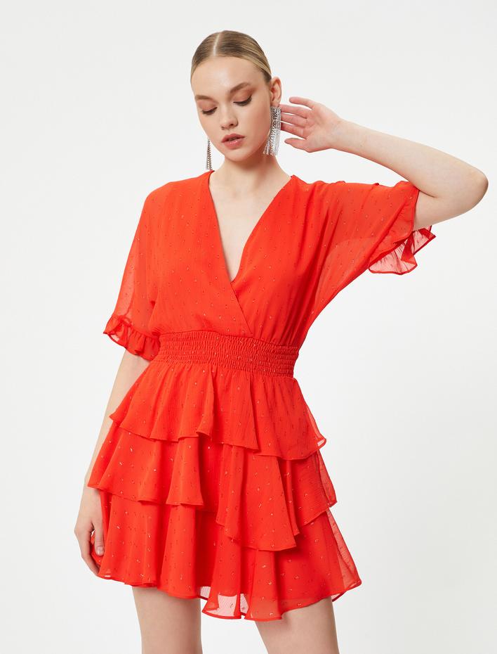  Mini Tül Elbise Fırfırlı Katlı Parıltılı Kruvaze Yaka Kısa Kollu