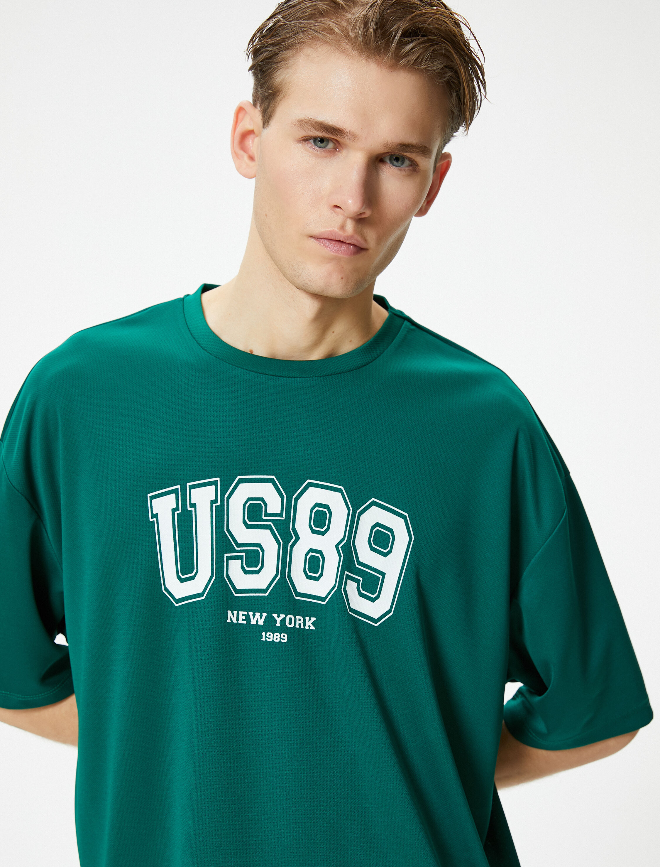   Oversize Spor Tişört Kolej Baskılı Bisiklet Yaka Kısa Kollu