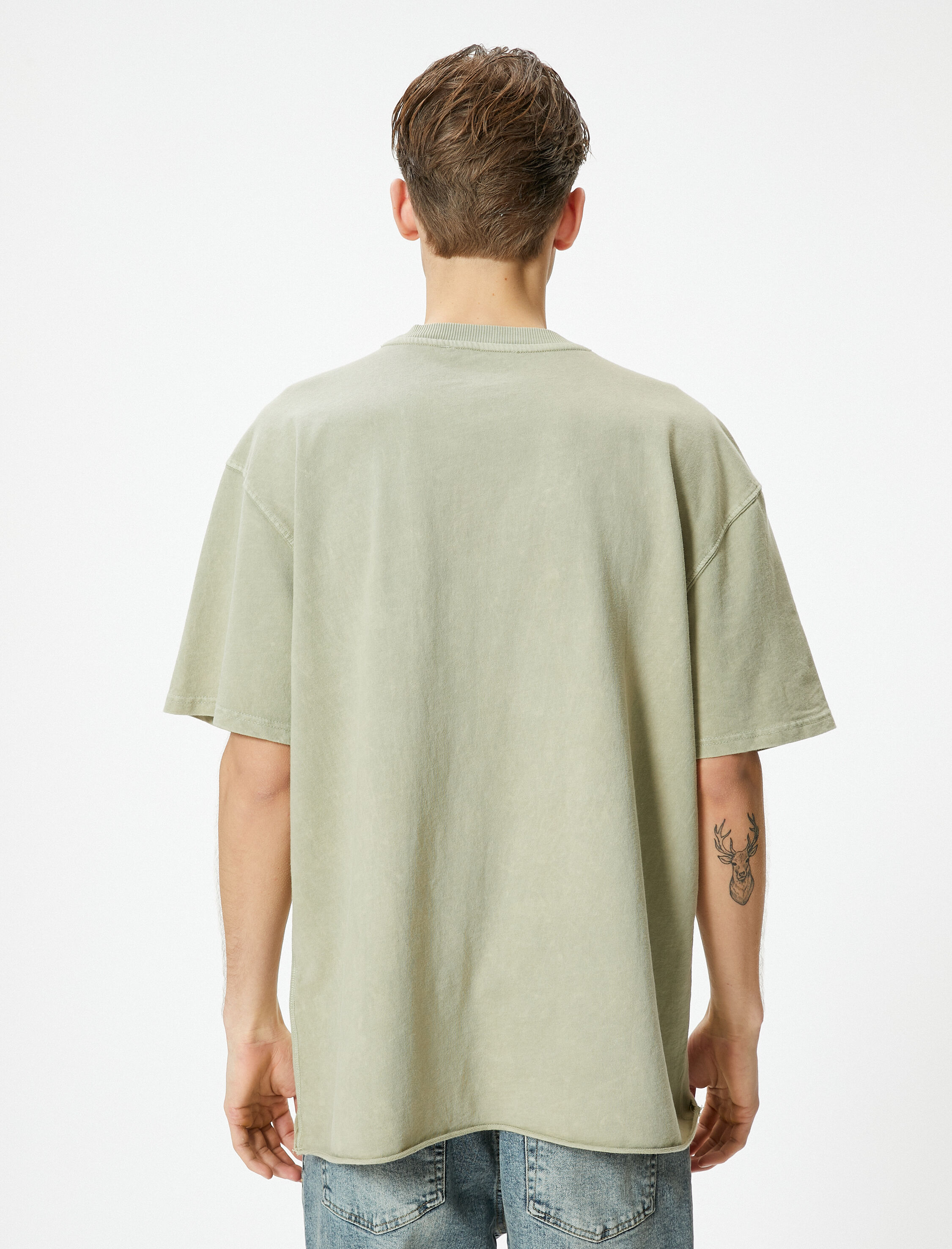   Oversize Tişört Yıkamalı Bisiklet Yaka Kısa Kollu