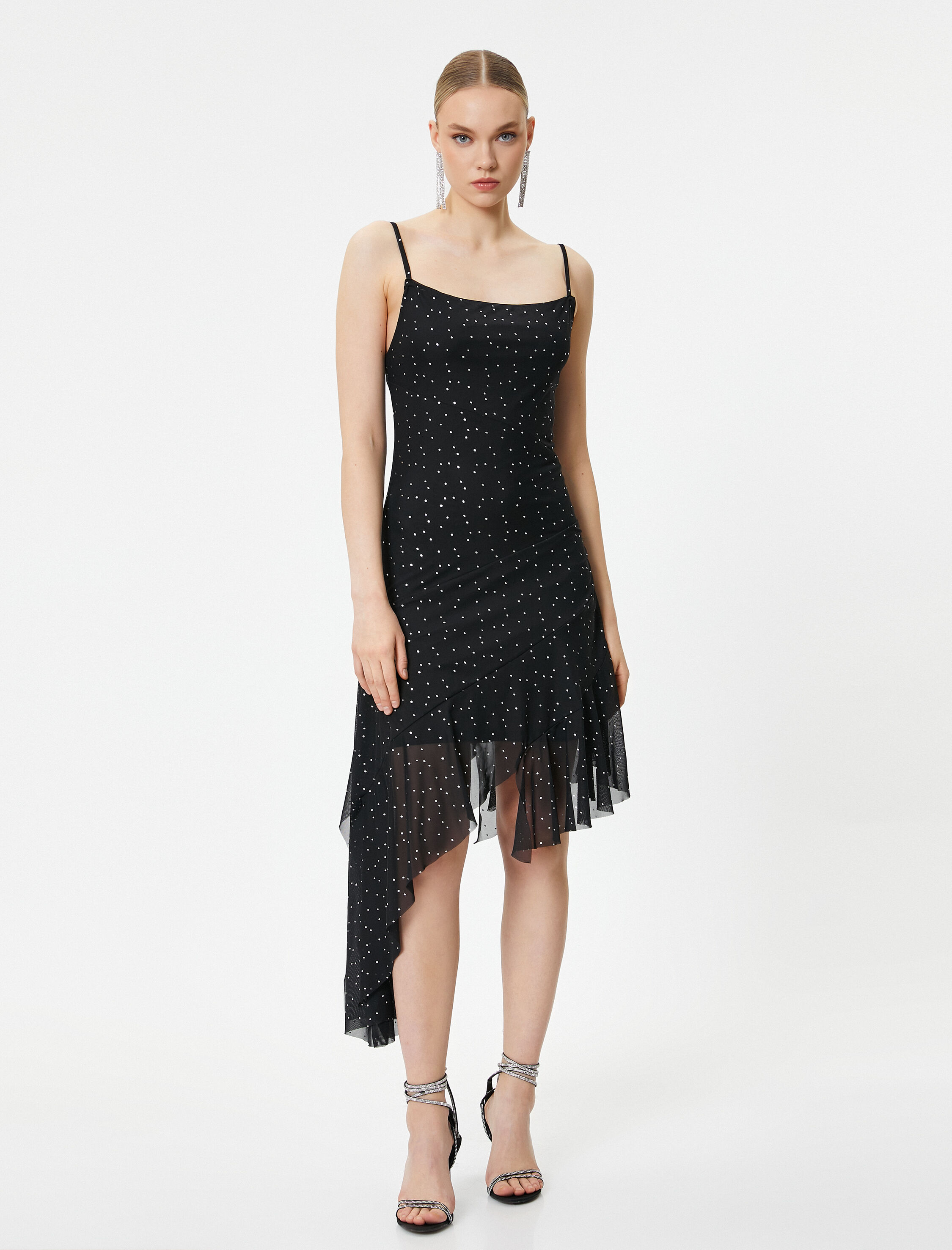   Puantiyeli Tül Mini Elbise İnce Askılı Asimetrik Kesim Astarlı