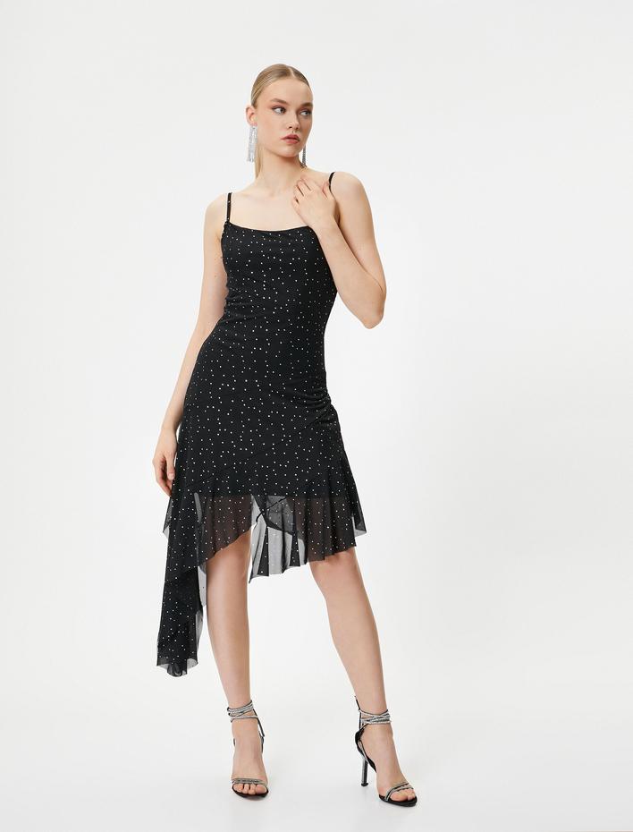  Puantiyeli Tül Mini Elbise İnce Askılı Asimetrik Kesim Astarlı