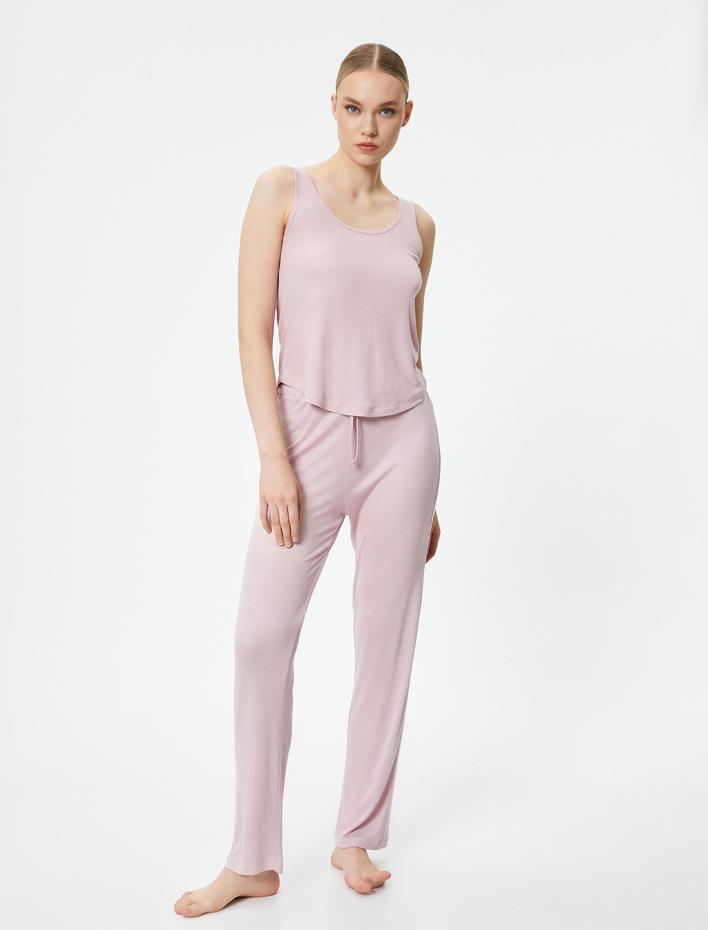  Düz Paça Pijama Altı Dokulu Beli Bağcıklı Modal Karışımlı