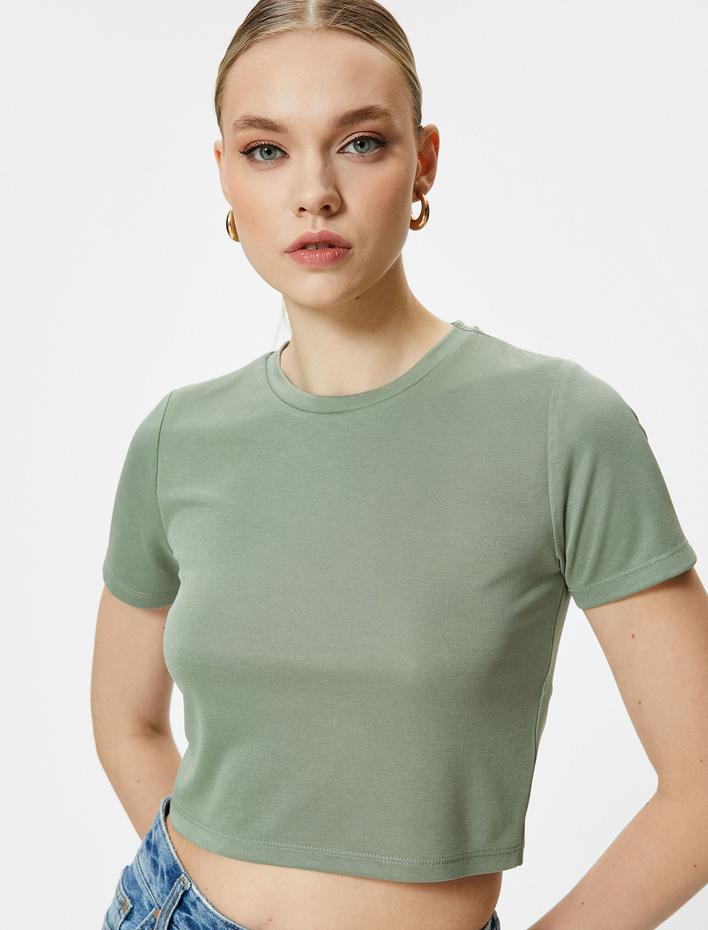  Crop Tişört Kısa Kollu Bisiklet Yaka Modal Karışımlı
