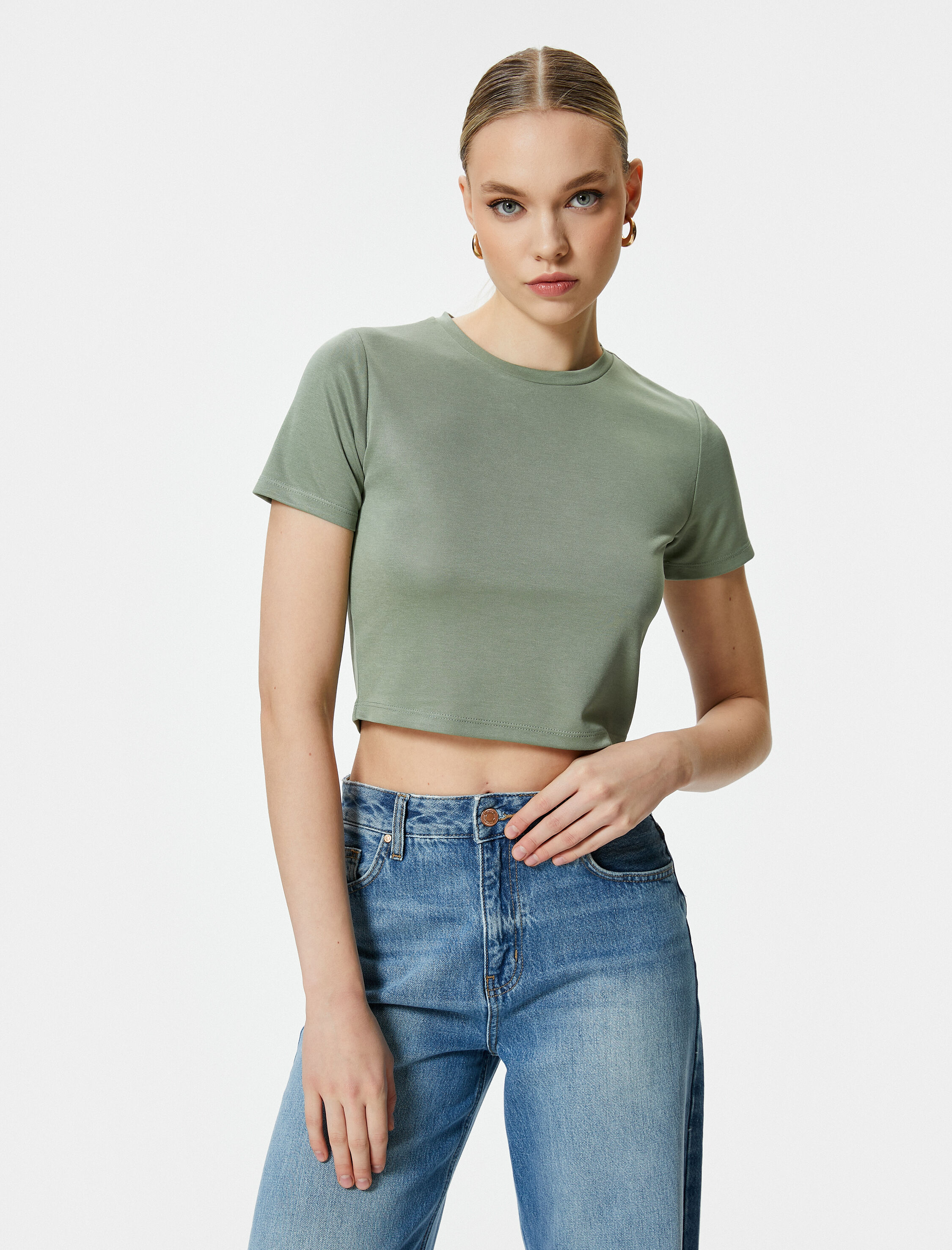   Crop Tişört Kısa Kollu Bisiklet Yaka Modal Karışımlı