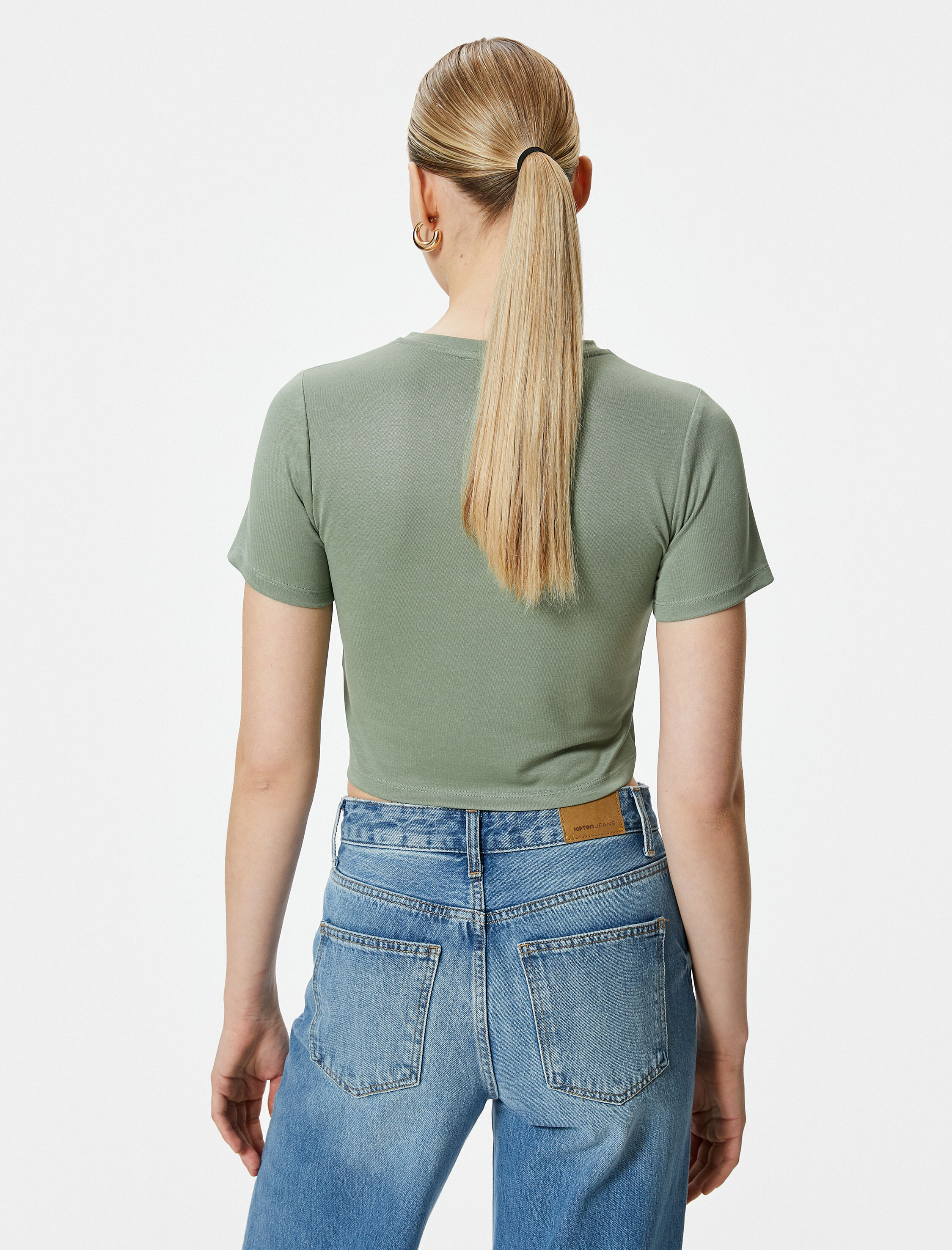   Crop Tişört Kısa Kollu Bisiklet Yaka Modal Karışımlı