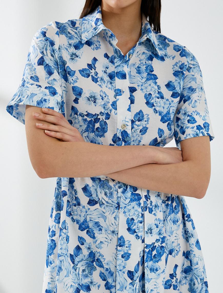   Çiçekli Gömlek Elbise Midi Düğmeli Kuşaklı Kısa Kollu