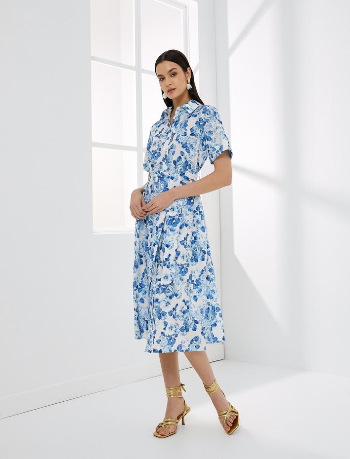  Çiçekli Gömlek Elbise Midi Düğmeli Kuşaklı Kısa Kollu