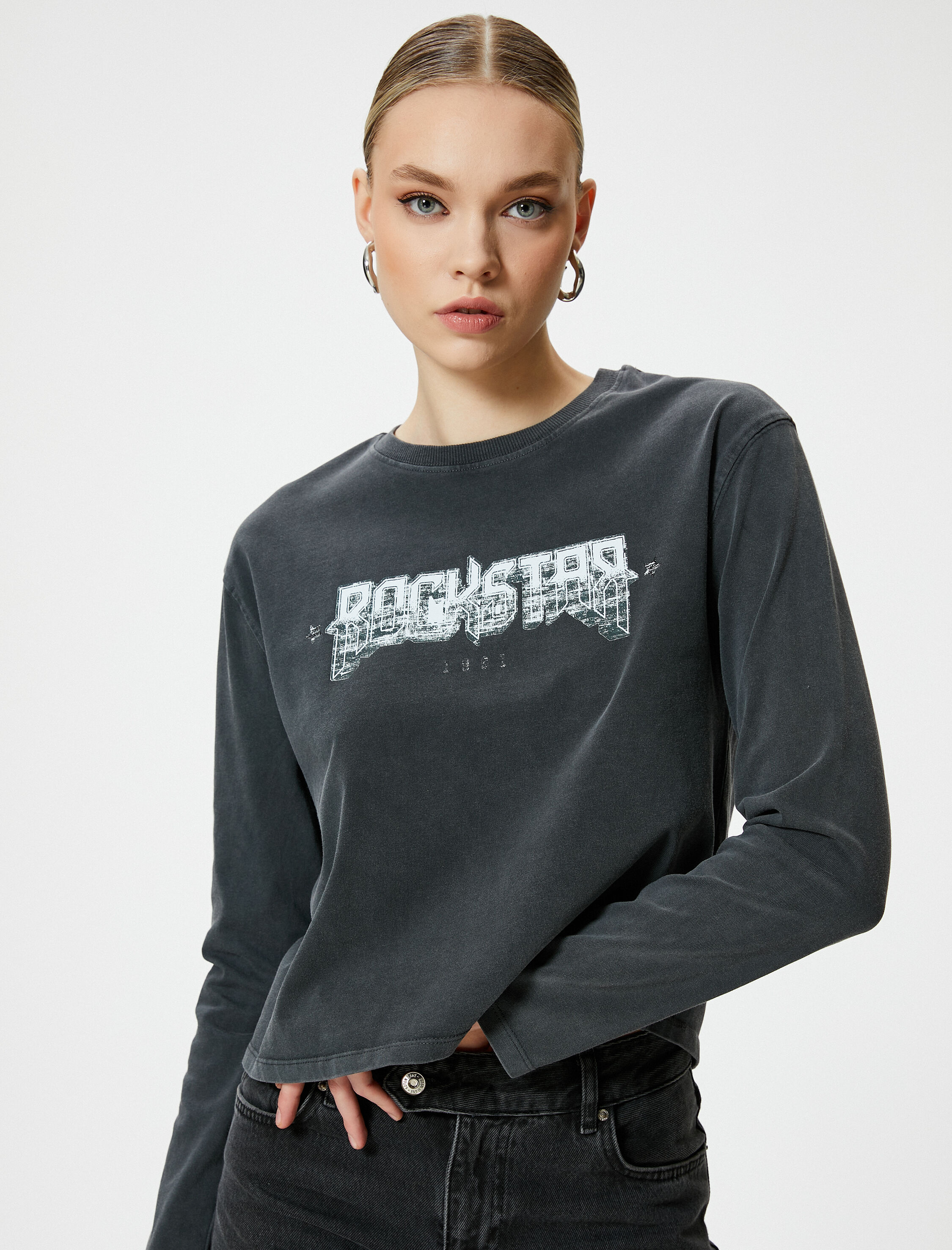   Baskılı Tişört Bisiklet Yaka Uzun Kollu