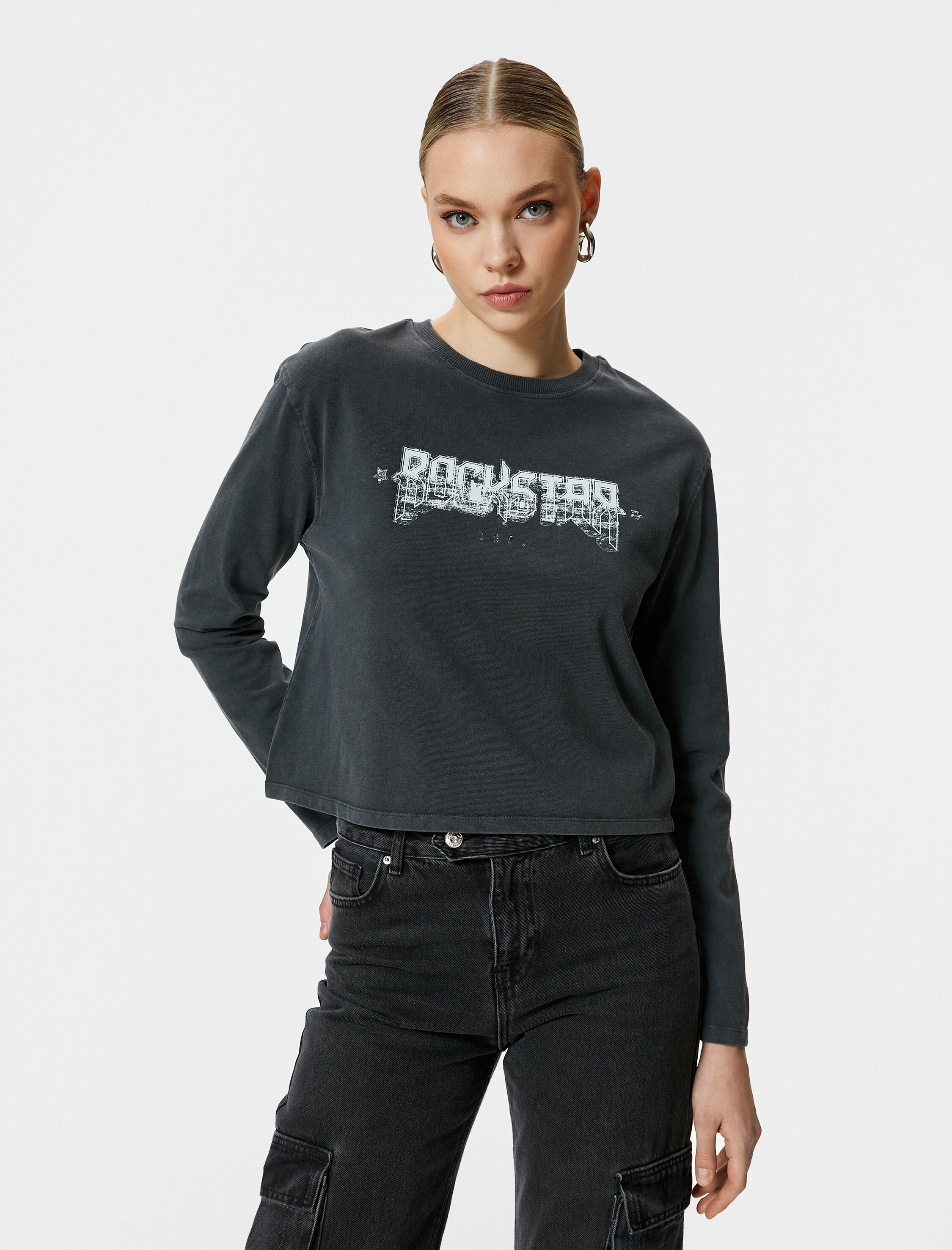   Baskılı Tişört Bisiklet Yaka Uzun Kollu