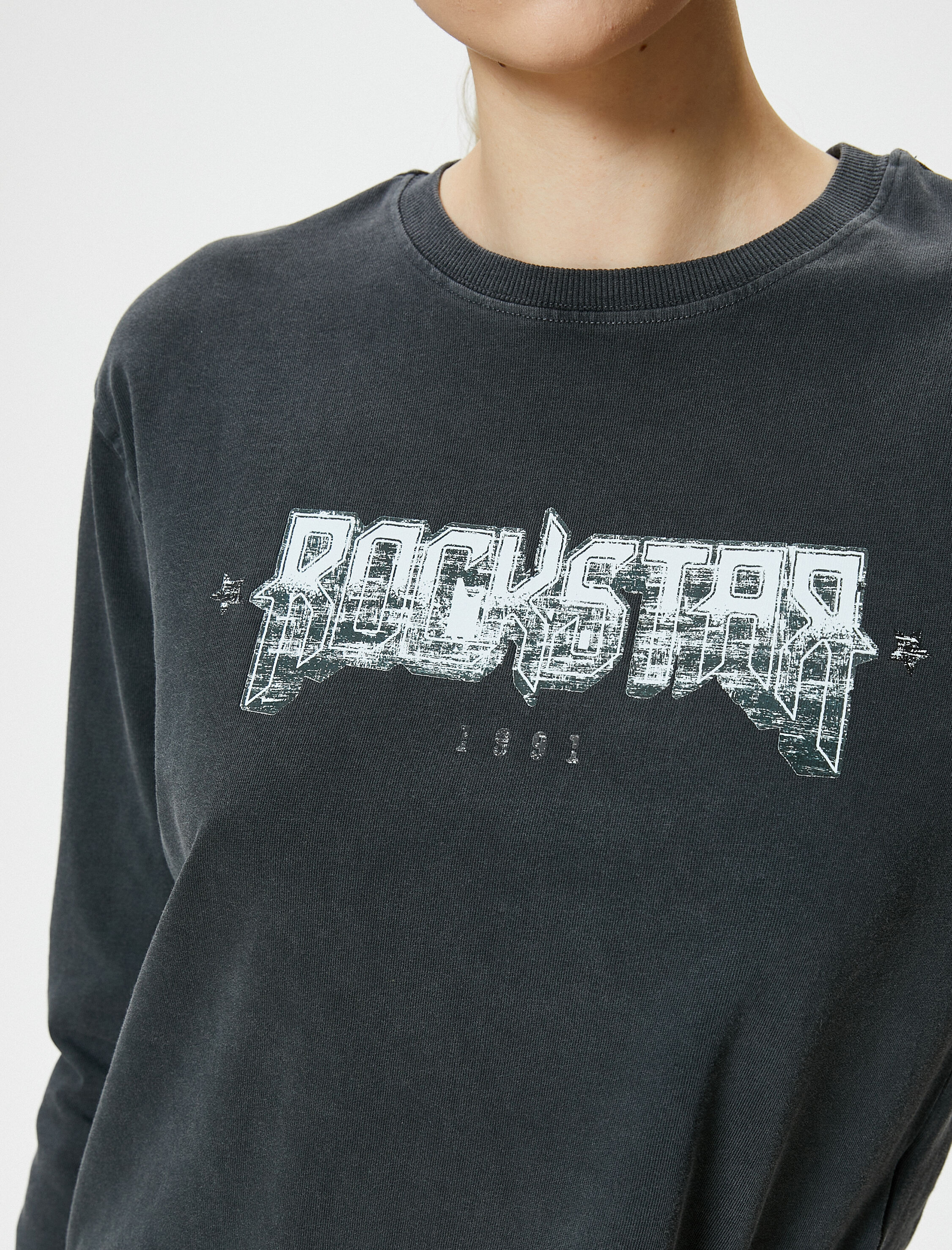   Baskılı Tişört Bisiklet Yaka Uzun Kollu