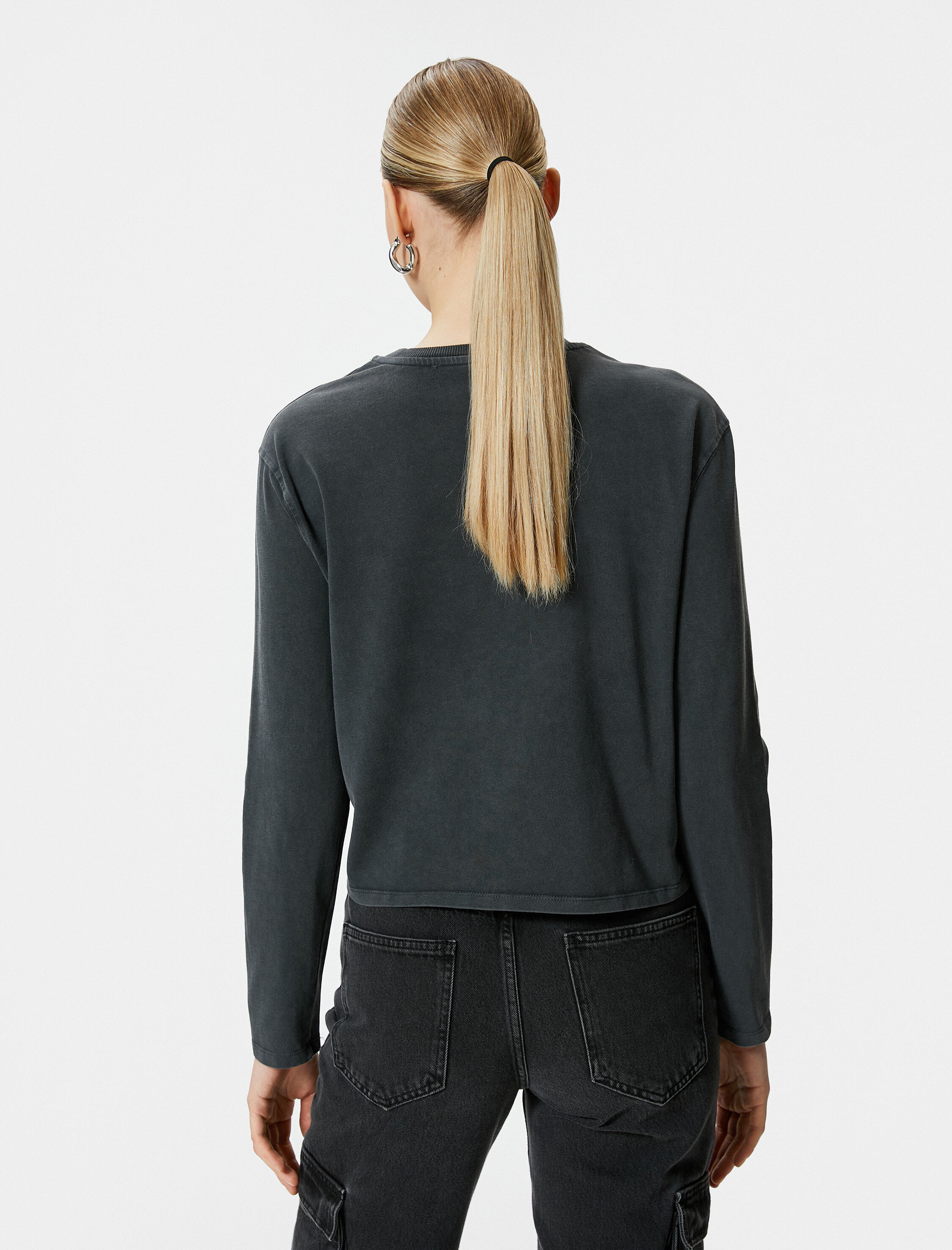   Baskılı Tişört Bisiklet Yaka Uzun Kollu