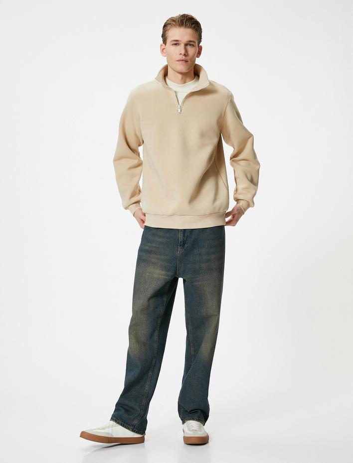 Yarım Fermuarlı Sweatshirt Basic Dik Yaka Ribanalı Uzun Kollu Şardonlu