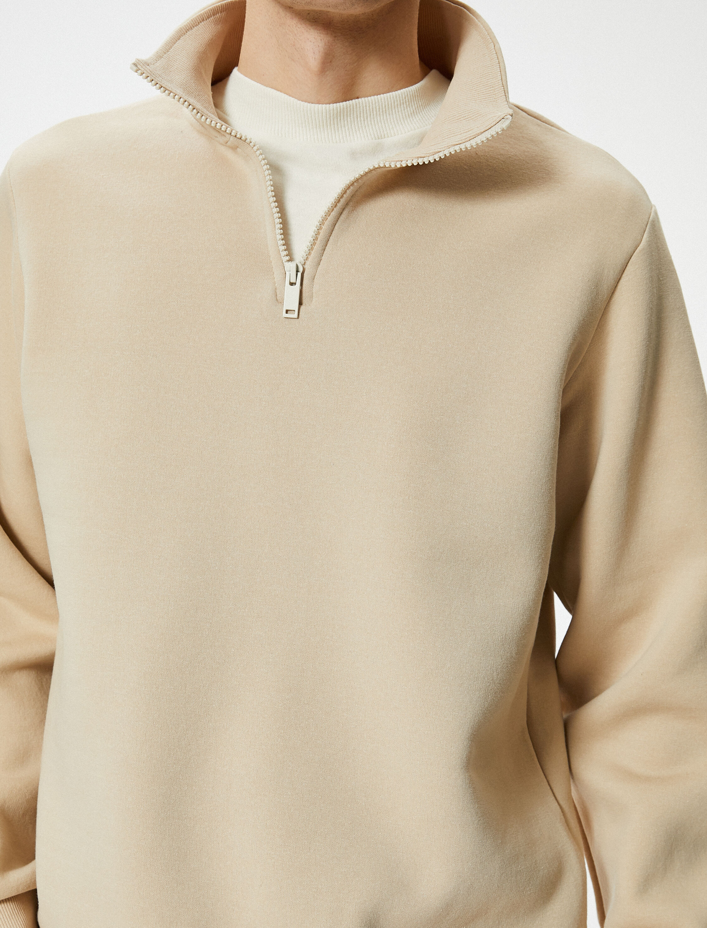   Yarım Fermuarlı Sweatshirt Basic Dik Yaka Ribanalı Uzun Kollu Şardonlu