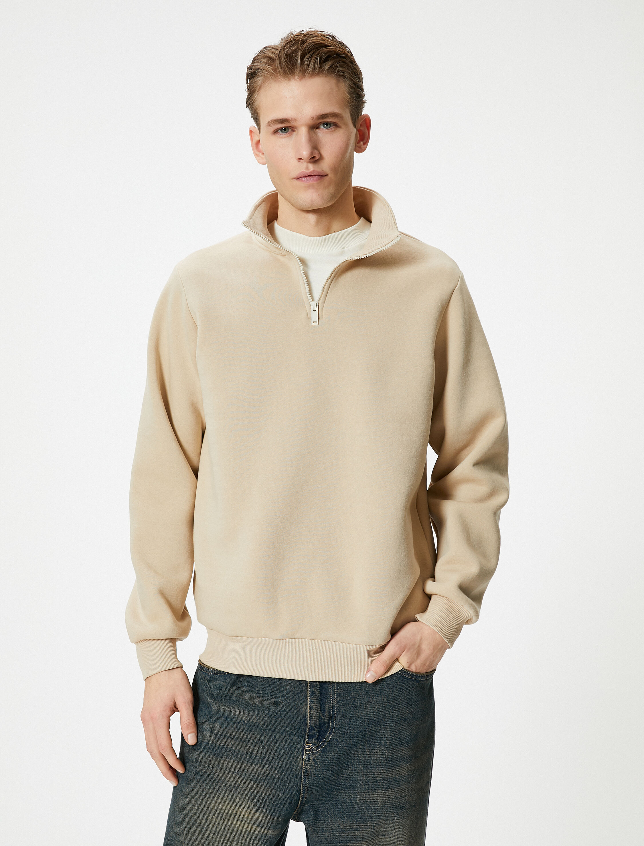   Yarım Fermuarlı Sweatshirt Basic Dik Yaka Ribanalı Uzun Kollu Şardonlu