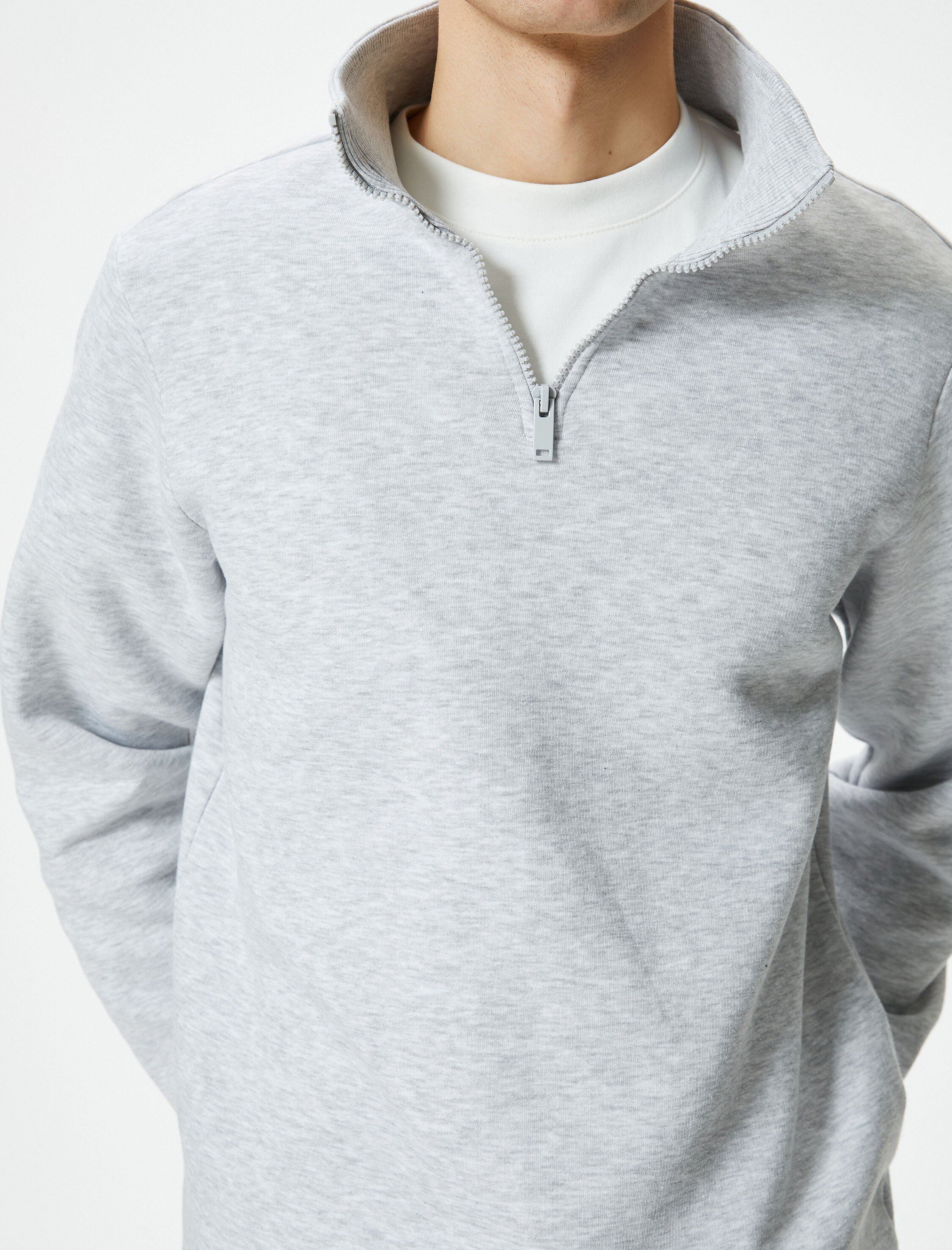   Yarım Fermuarlı Sweatshirt Basic Dik Yaka Ribanalı Uzun Kollu Şardonlu