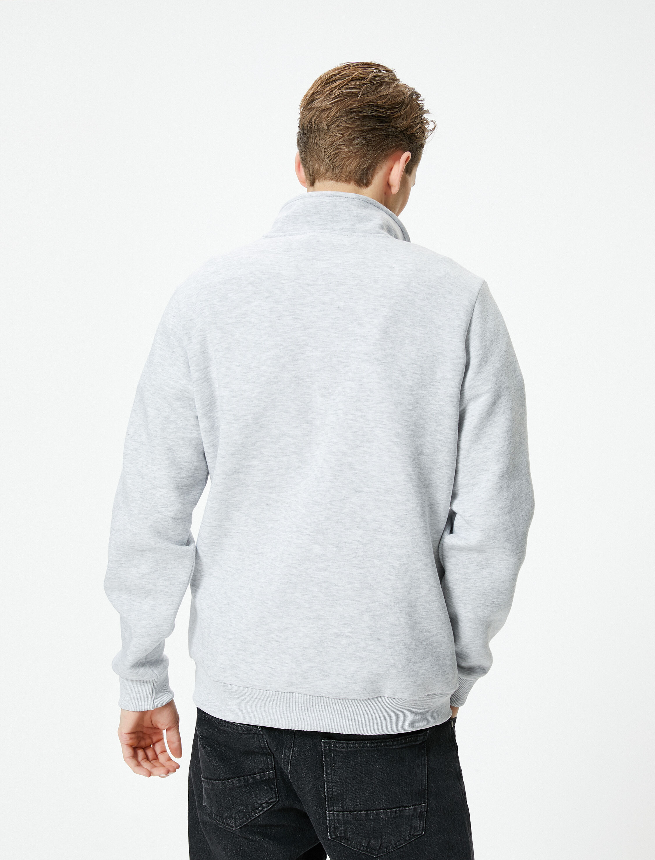   Yarım Fermuarlı Sweatshirt Basic Dik Yaka Ribanalı Uzun Kollu Şardonlu