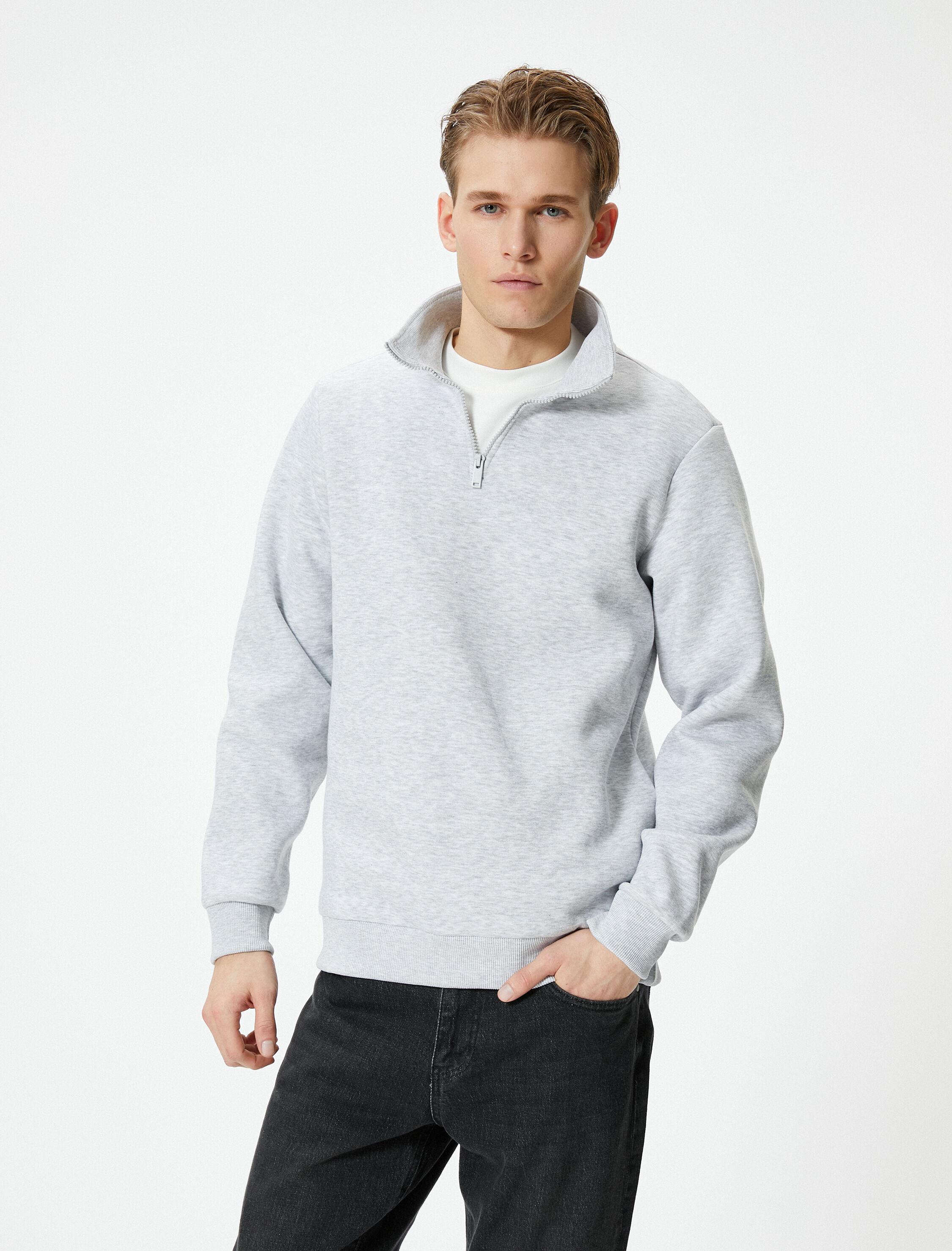   Yarım Fermuarlı Sweatshirt Basic Dik Yaka Ribanalı Uzun Kollu Şardonlu