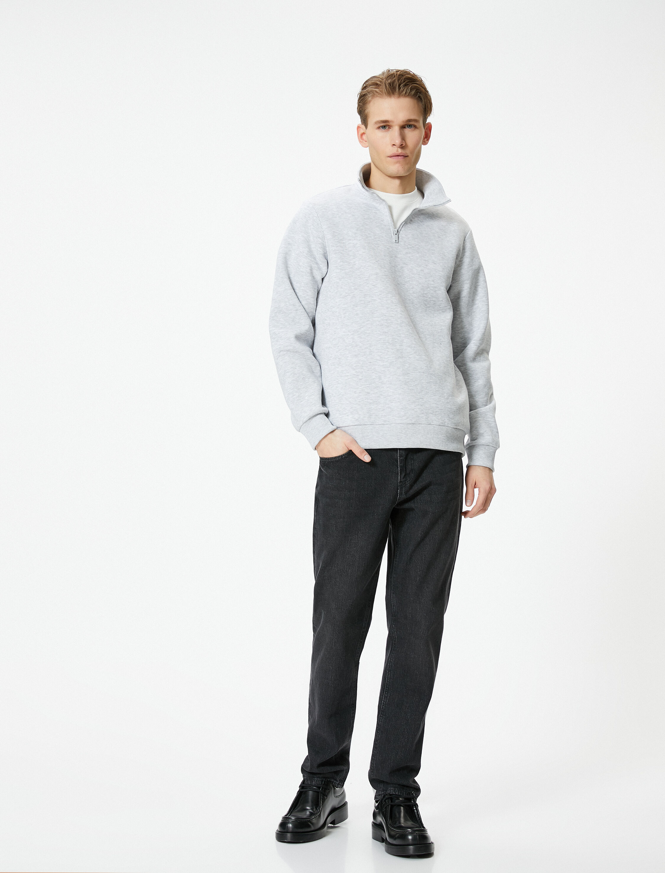   Yarım Fermuarlı Sweatshirt Basic Dik Yaka Ribanalı Uzun Kollu Şardonlu