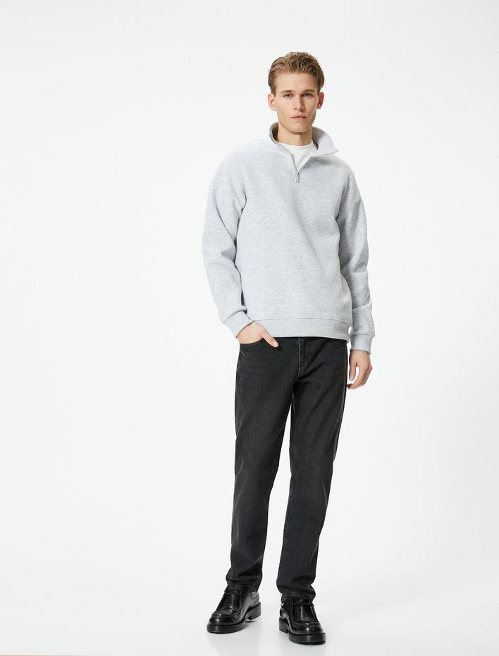  Yarım Fermuarlı Sweatshirt Basic Dik Yaka Ribanalı Uzun Kollu Şardonlu
