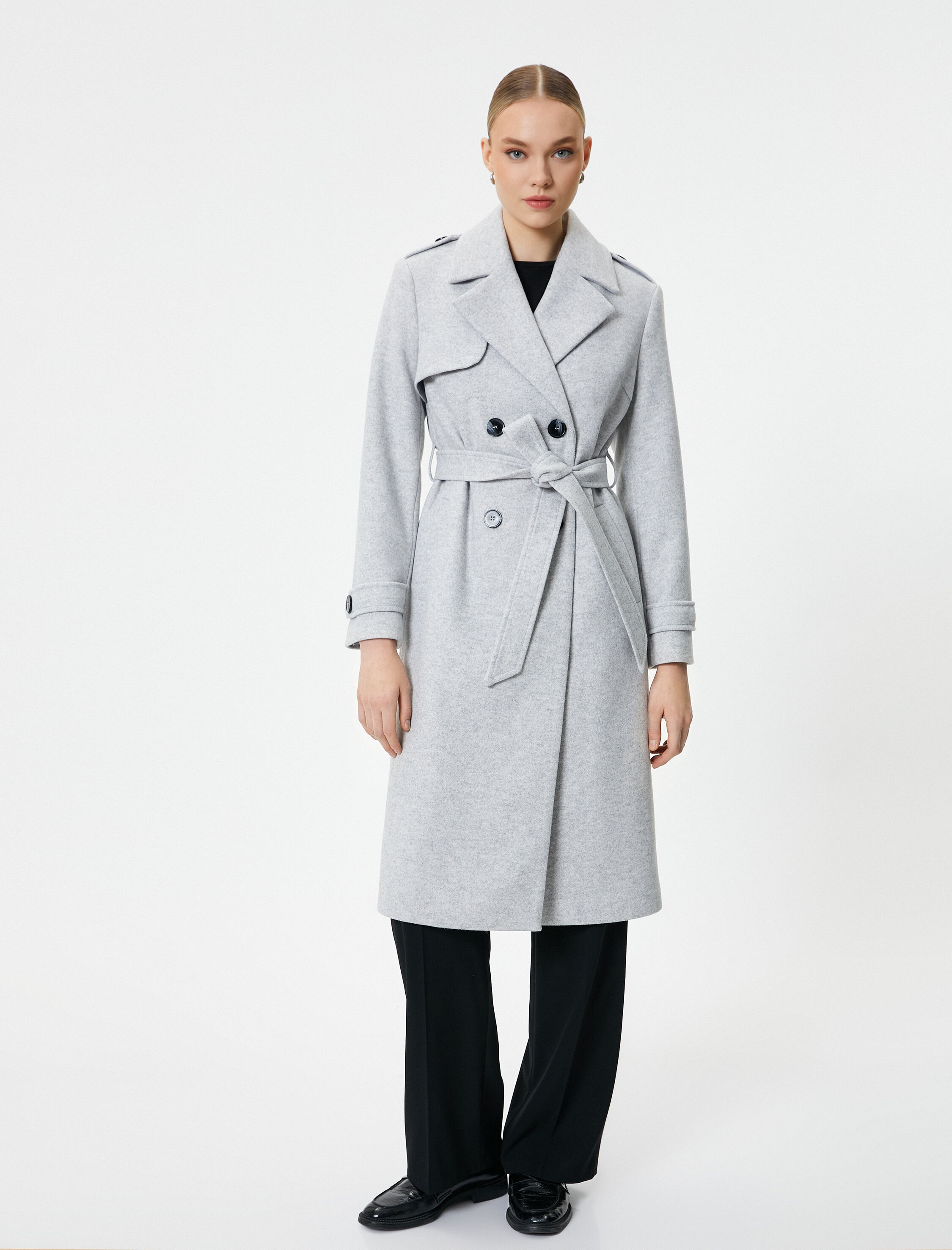   Kruvaze Kaban Düğmeli Kuşaklı Cepli Apoletli