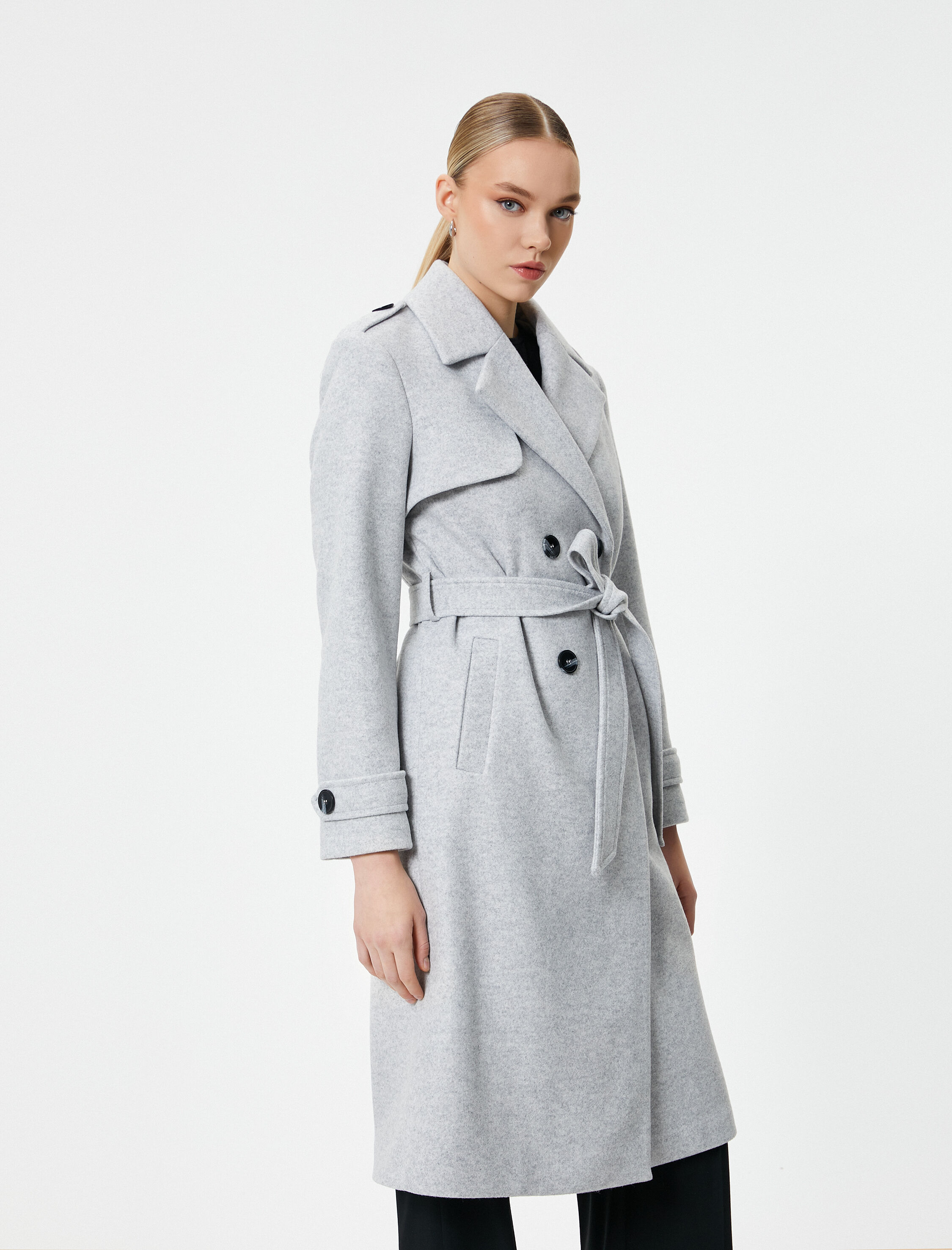   Kruvaze Kaban Düğmeli Kuşaklı Cepli Apoletli