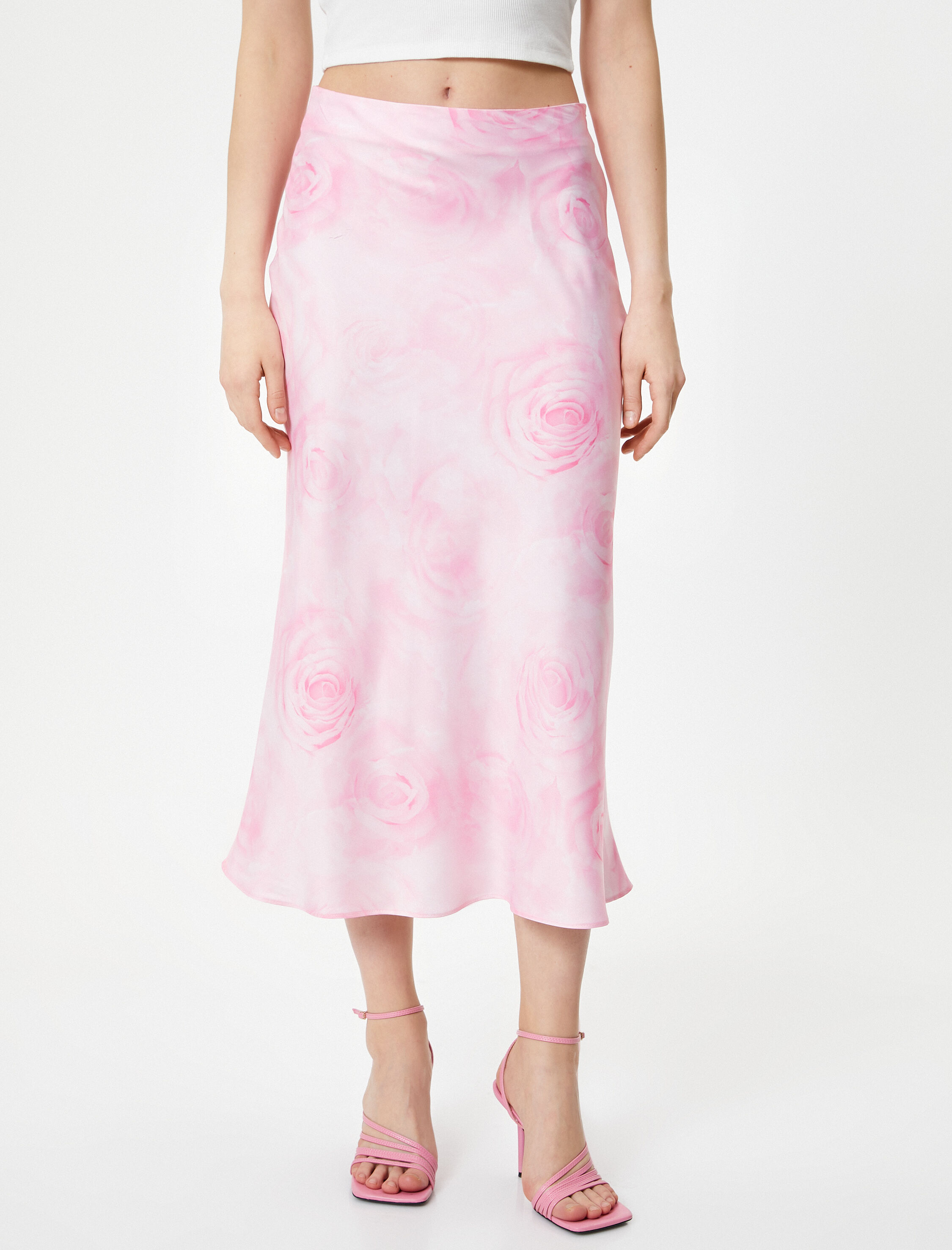   Midi Saten Etek Çiçekli Normal Bel