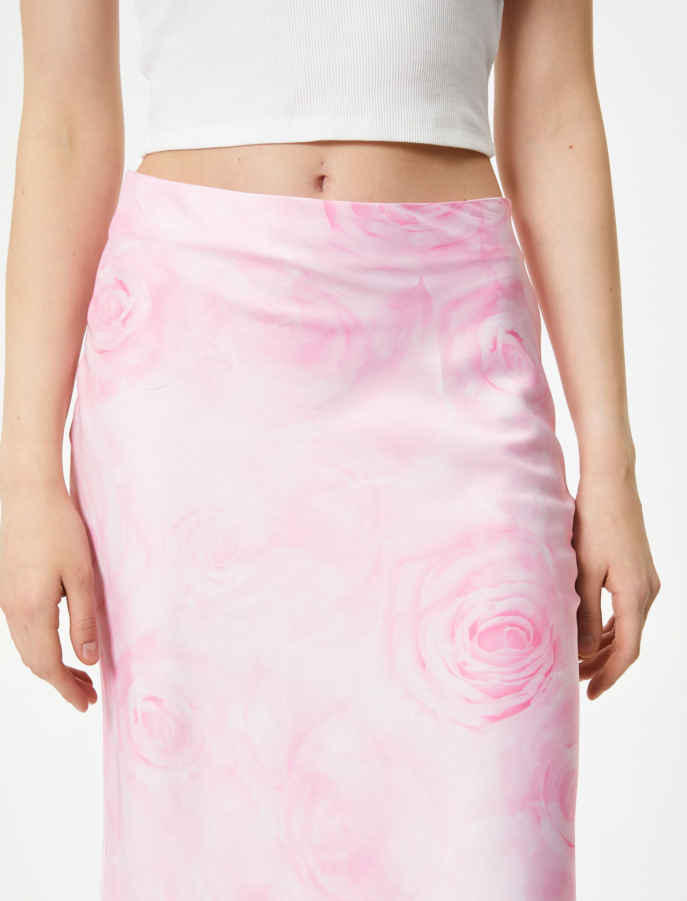   Midi Saten Etek Çiçekli Normal Bel