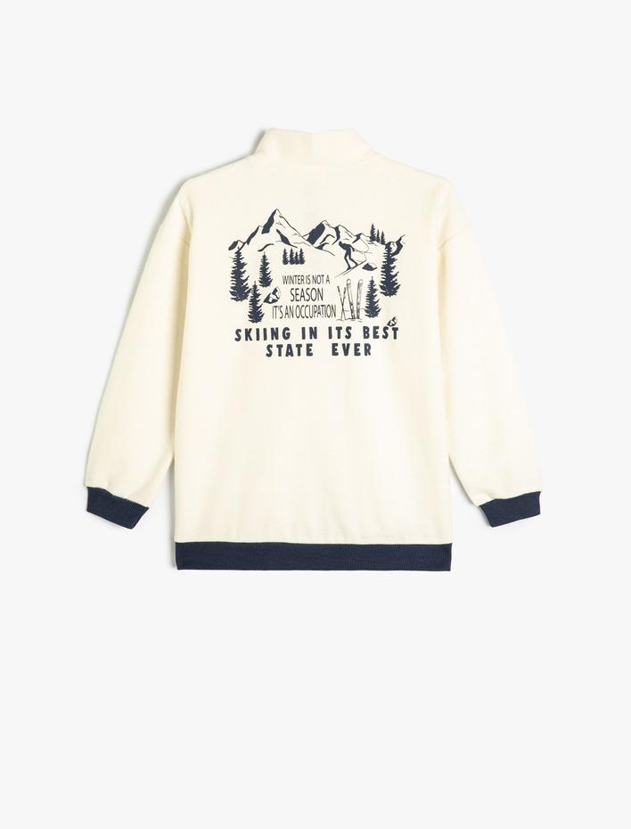Erkek Çocuk Sweat Dik Yaka Yarım Fermuarlı Kayak Temalı Baskı Detaylı Uzun Kollu Şardonlu
